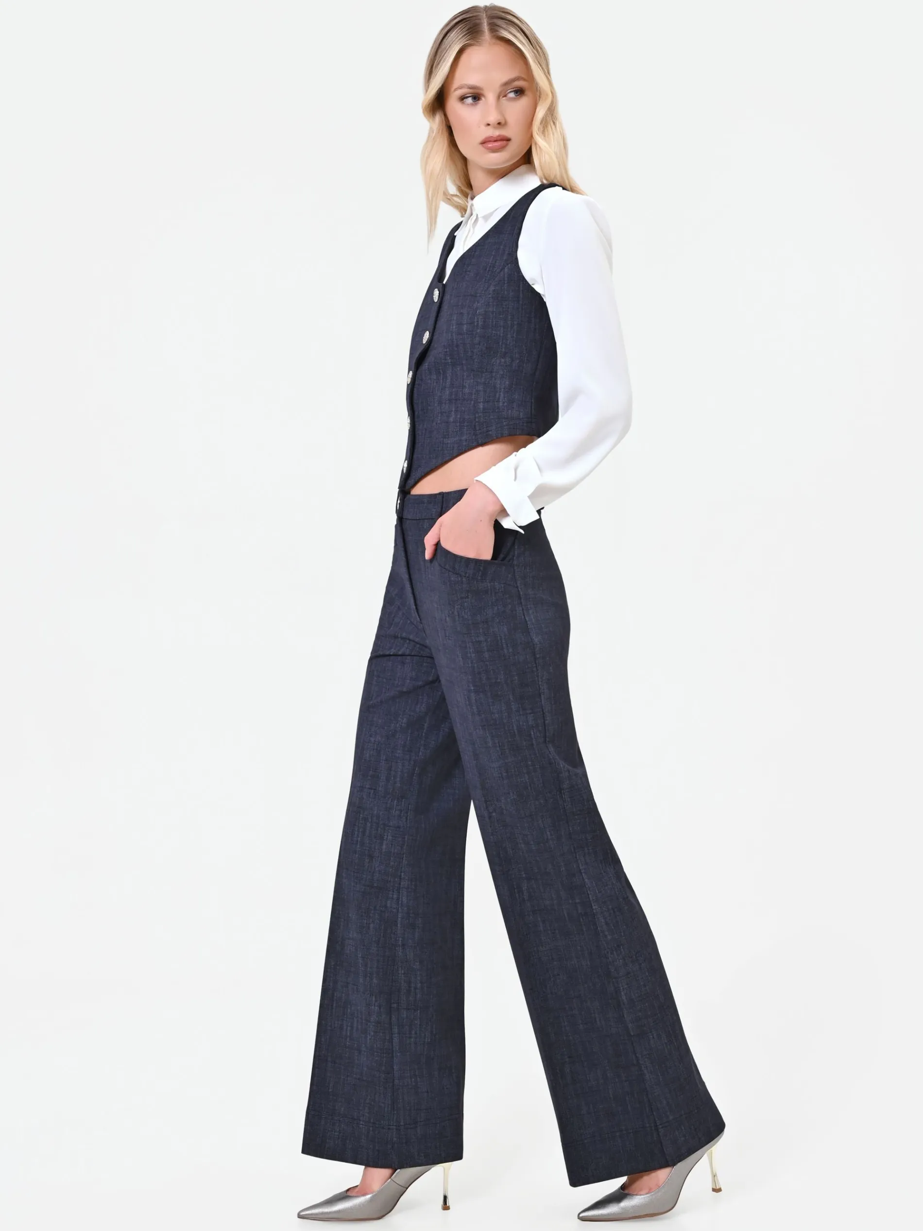 PANTALONE BLU NAVY A PALAZZO CON RISVOLTO