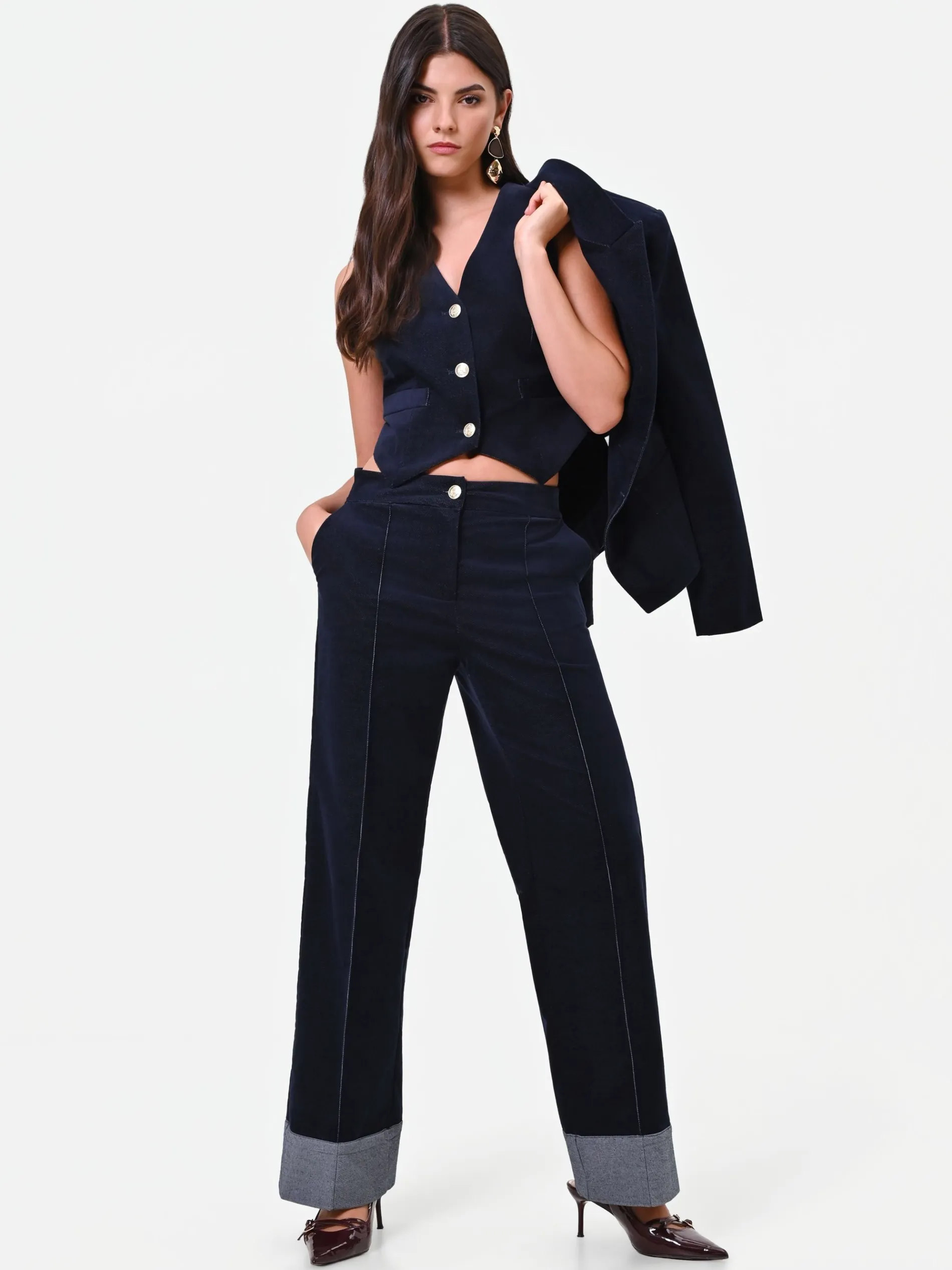 PANTALONE BLU NAVY IN VELLUTO CON IMPUNTURE A CONTRASTO