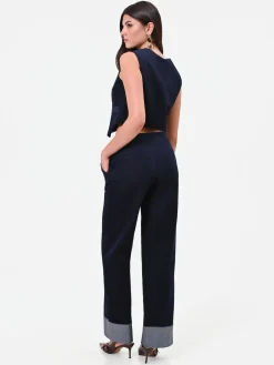 PANTALONE BLU NAVY IN VELLUTO CON IMPUNTURE A CONTRASTO
