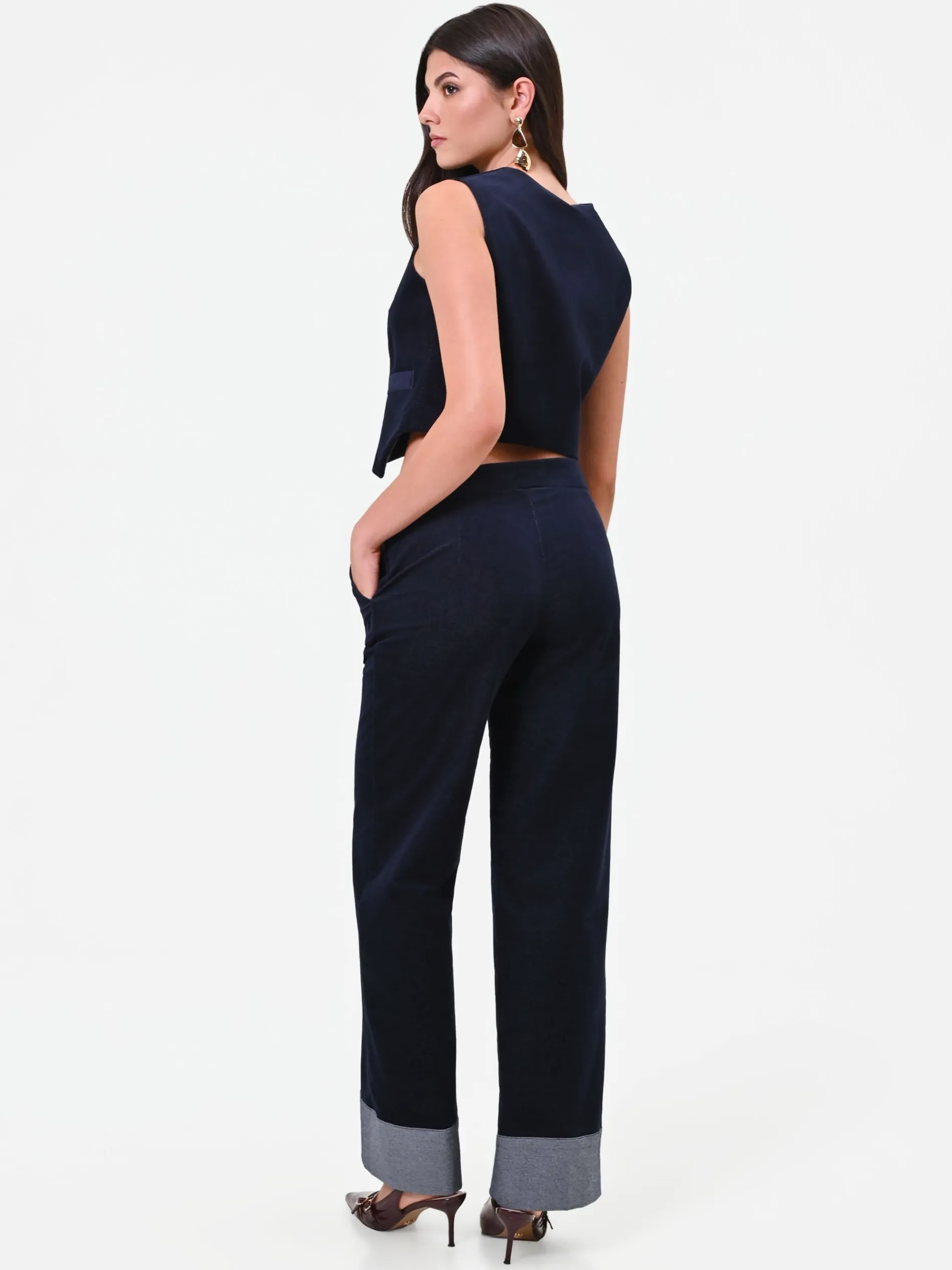 PANTALONE BLU NAVY IN VELLUTO CON IMPUNTURE A CONTRASTO