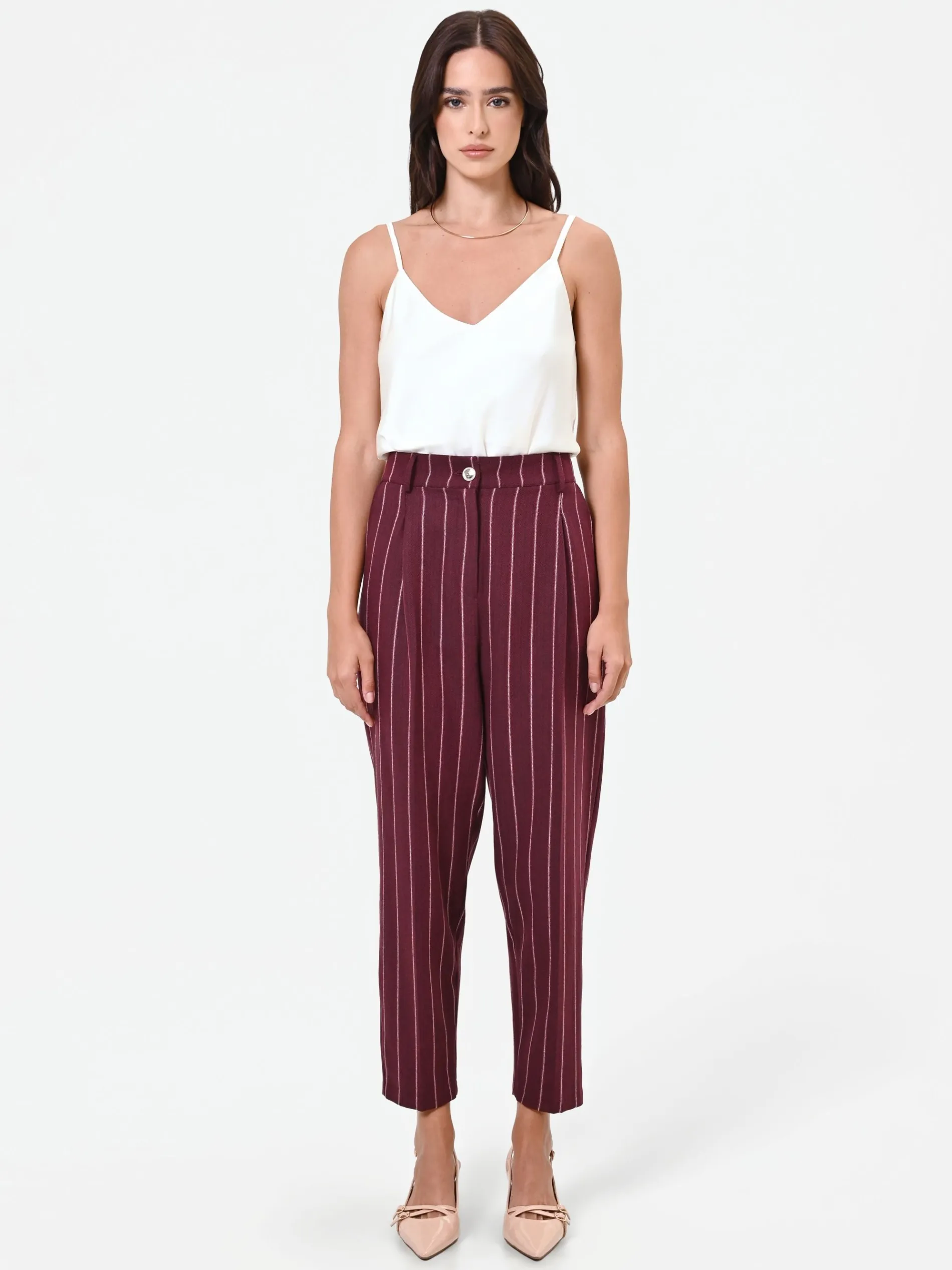 PANTALONE CROPPED GESSATO ROSSO BORDEAUX