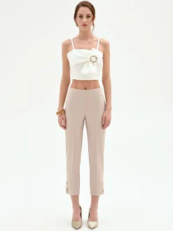 PANTALONE CROPPED TORTORA BEIGE CON BOTTONI AL FONDO
