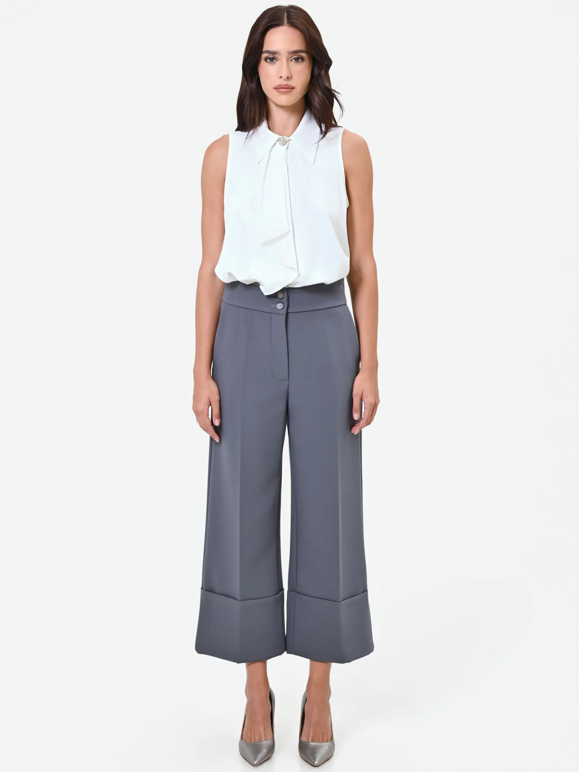PANTALONE CULOTTE GRIGIO CON RISVOLTO ALTO