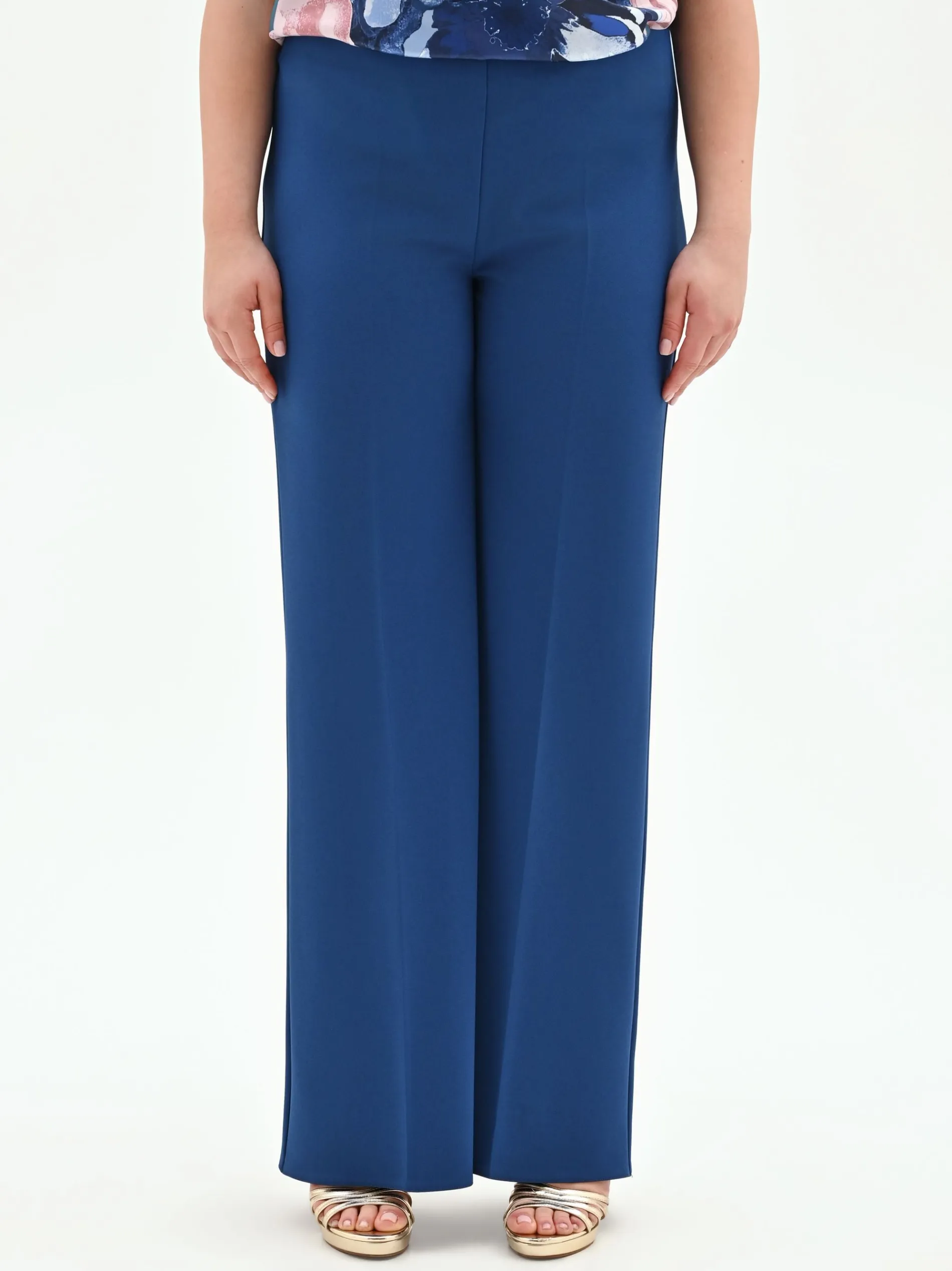 PANTALONE CURVY A PALAZZO BLU BRILLANTE IN SCUBA MANO CREPE