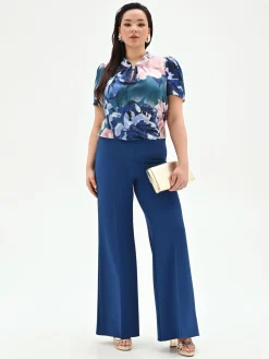 PANTALONE CURVY A PALAZZO BLU BRILLANTE IN SCUBA MANO CREPE