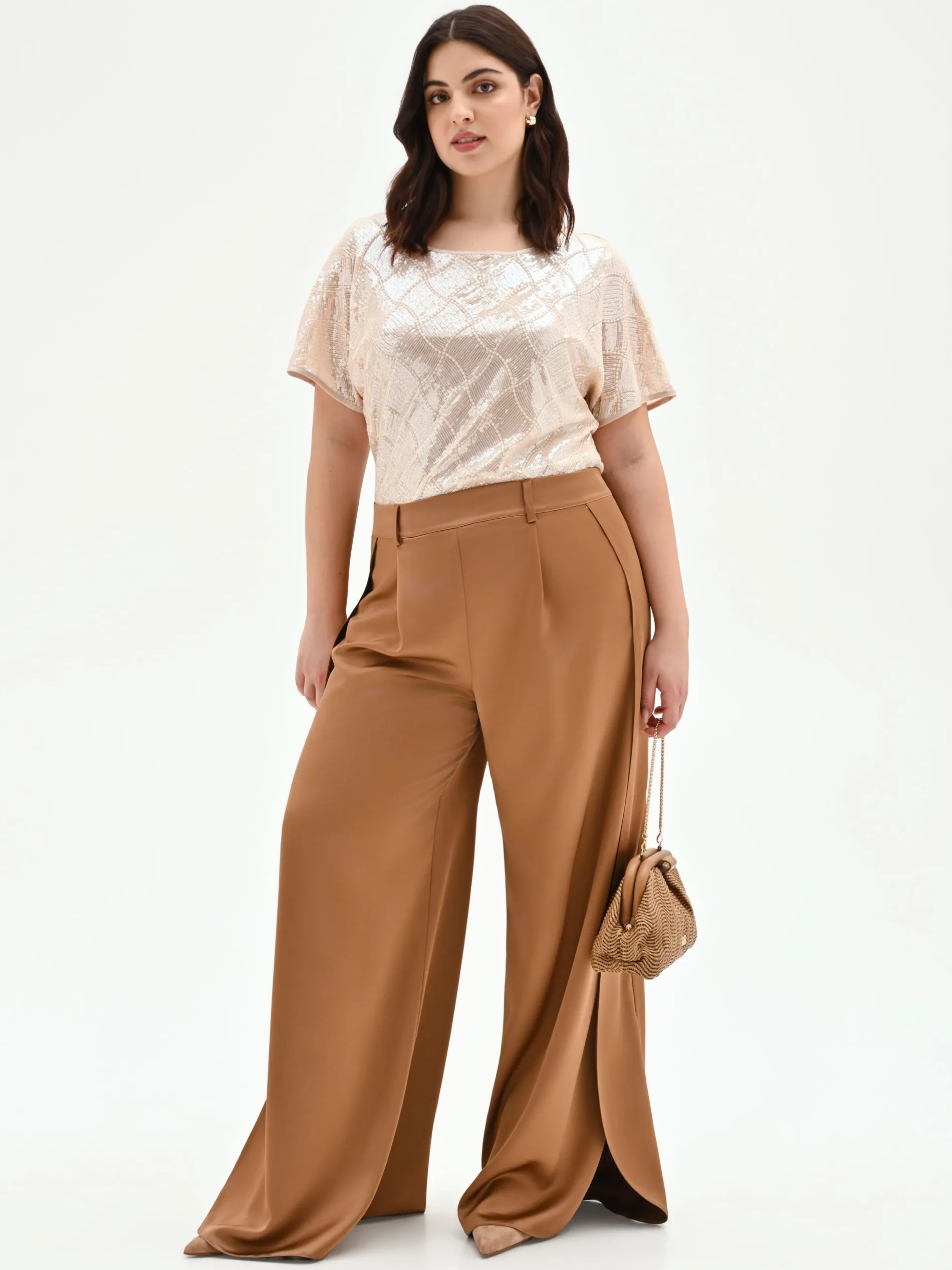 PANTALONE CURVY A PALAZZO MARRONE BRONZO