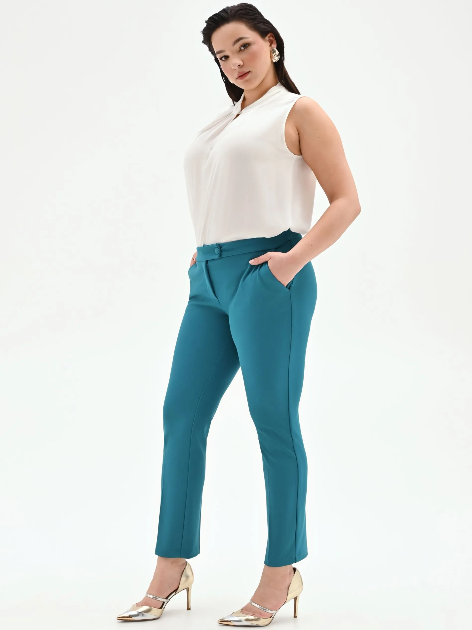 PANTALONE CURVY BLU OTTANIO CON PIEGA IN SCUBA MANO CREPE