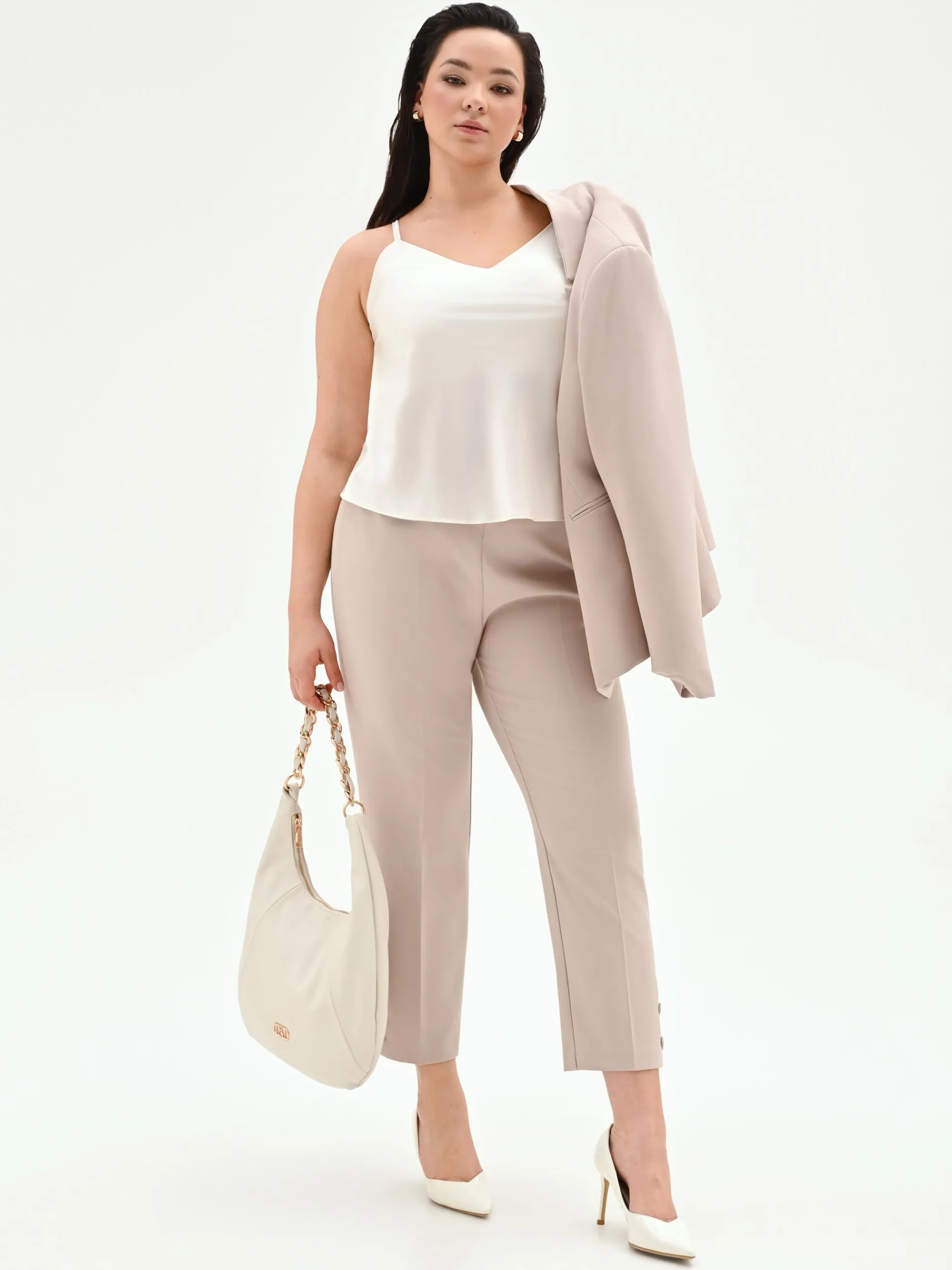 PANTALONE CURVY TORTORA BEIGE IN TESSUTO TECNICO