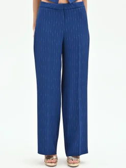 PANTALONE GESSATO GAMBA AMPIA BLU BRILLANTE A VITA BASSA