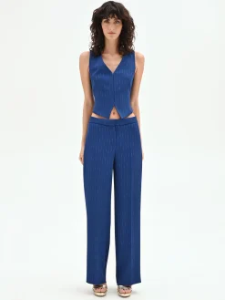 PANTALONE GESSATO GAMBA AMPIA BLU BRILLANTE A VITA BASSA
