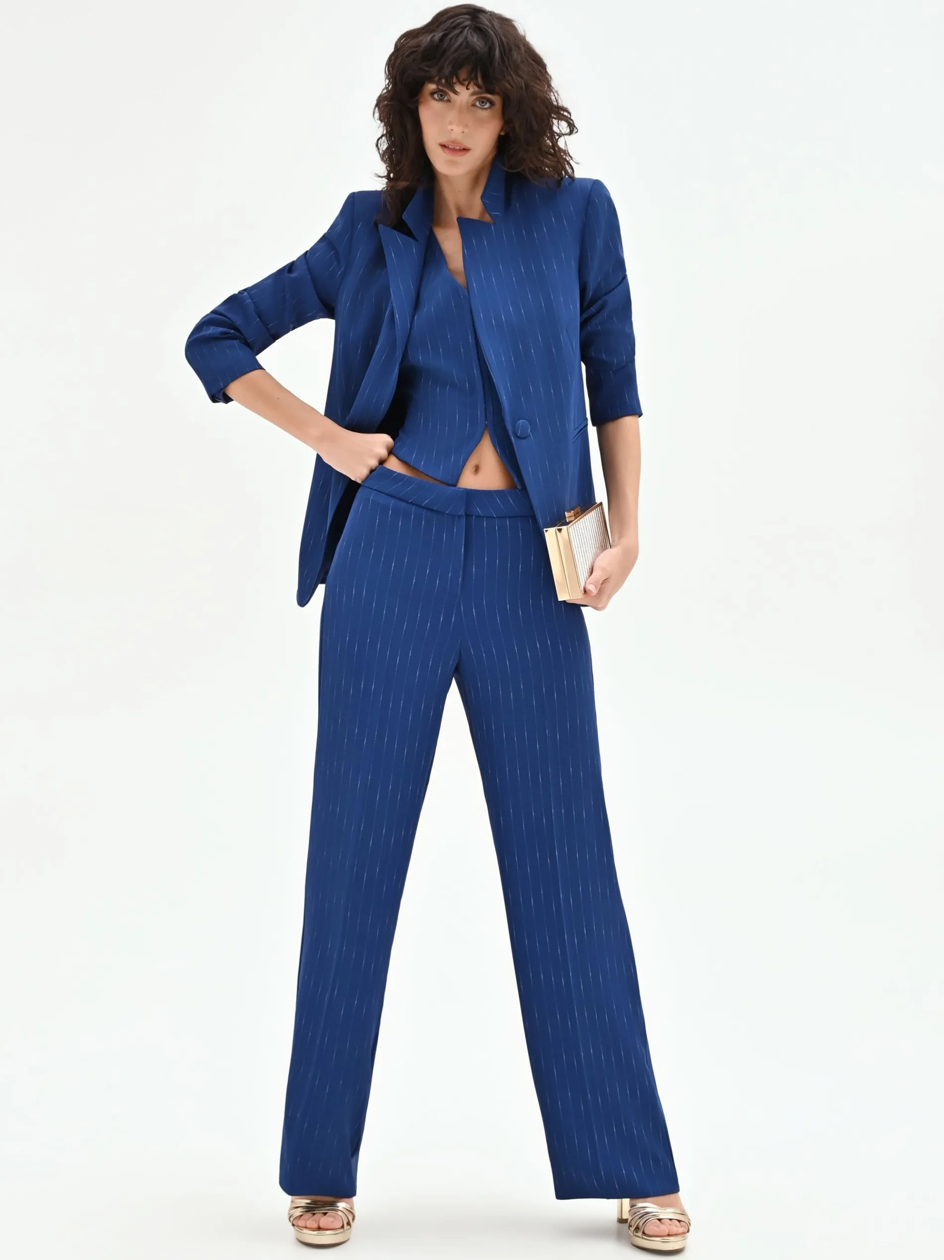 PANTALONE GESSATO GAMBA AMPIA BLU BRILLANTE A VITA BASSA
