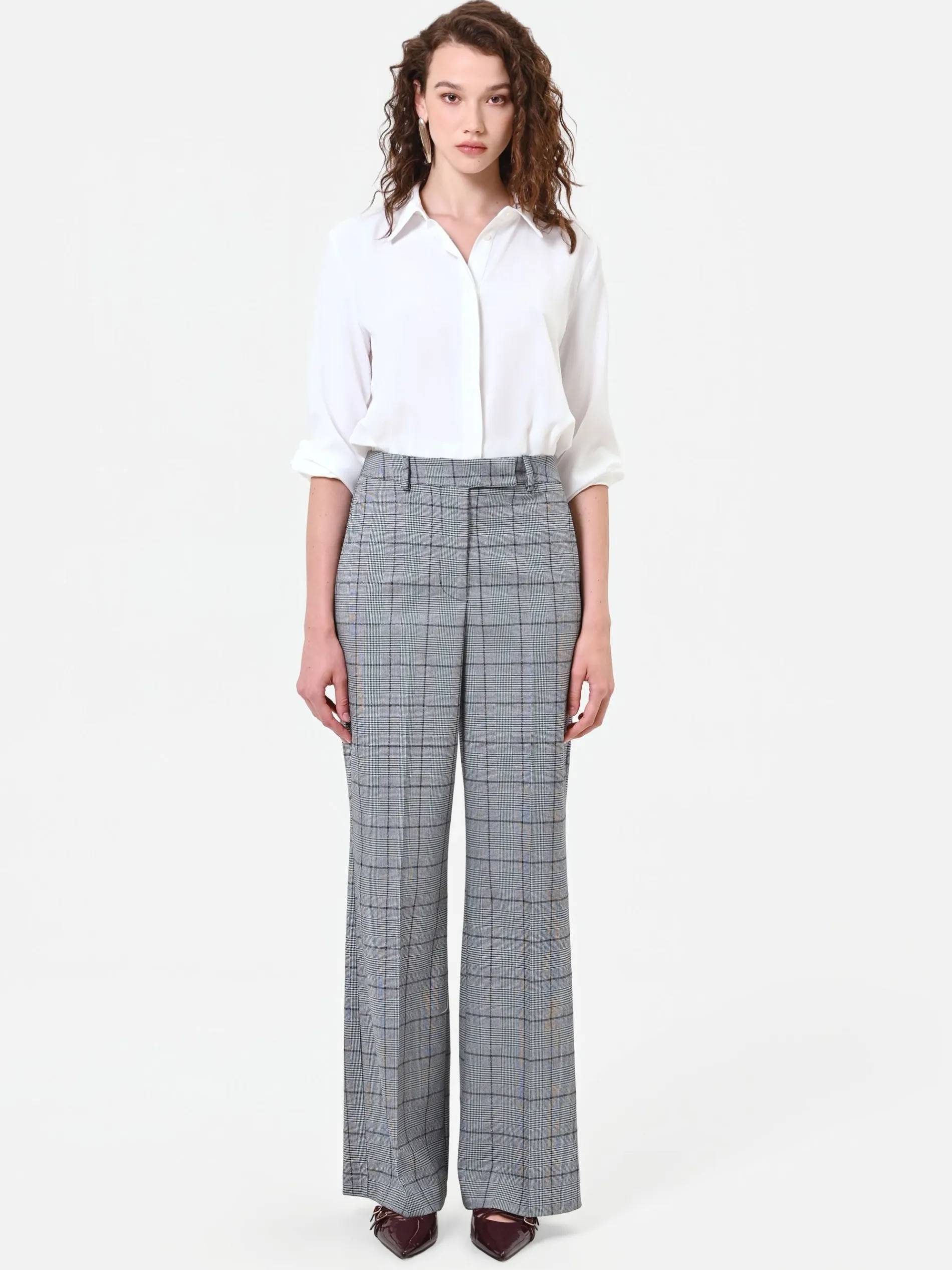 PANTALONE GRIGIO A GAMBA AMPIA CON FANTASIA CHECK