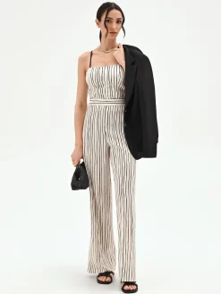 PANTALONE IN LINO PANNA A PALAZZO CON FANTASIA A RIGHE