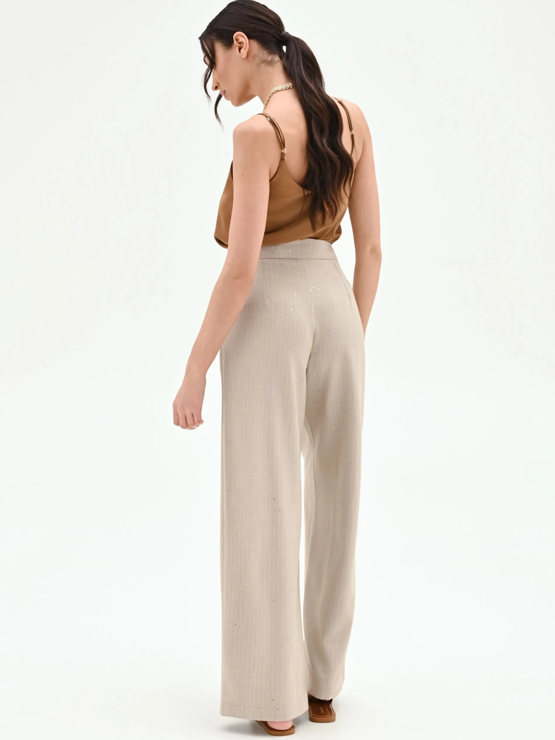 PANTALONE PALAZZO BEIGE GESSATO CON PUNTI LUCE