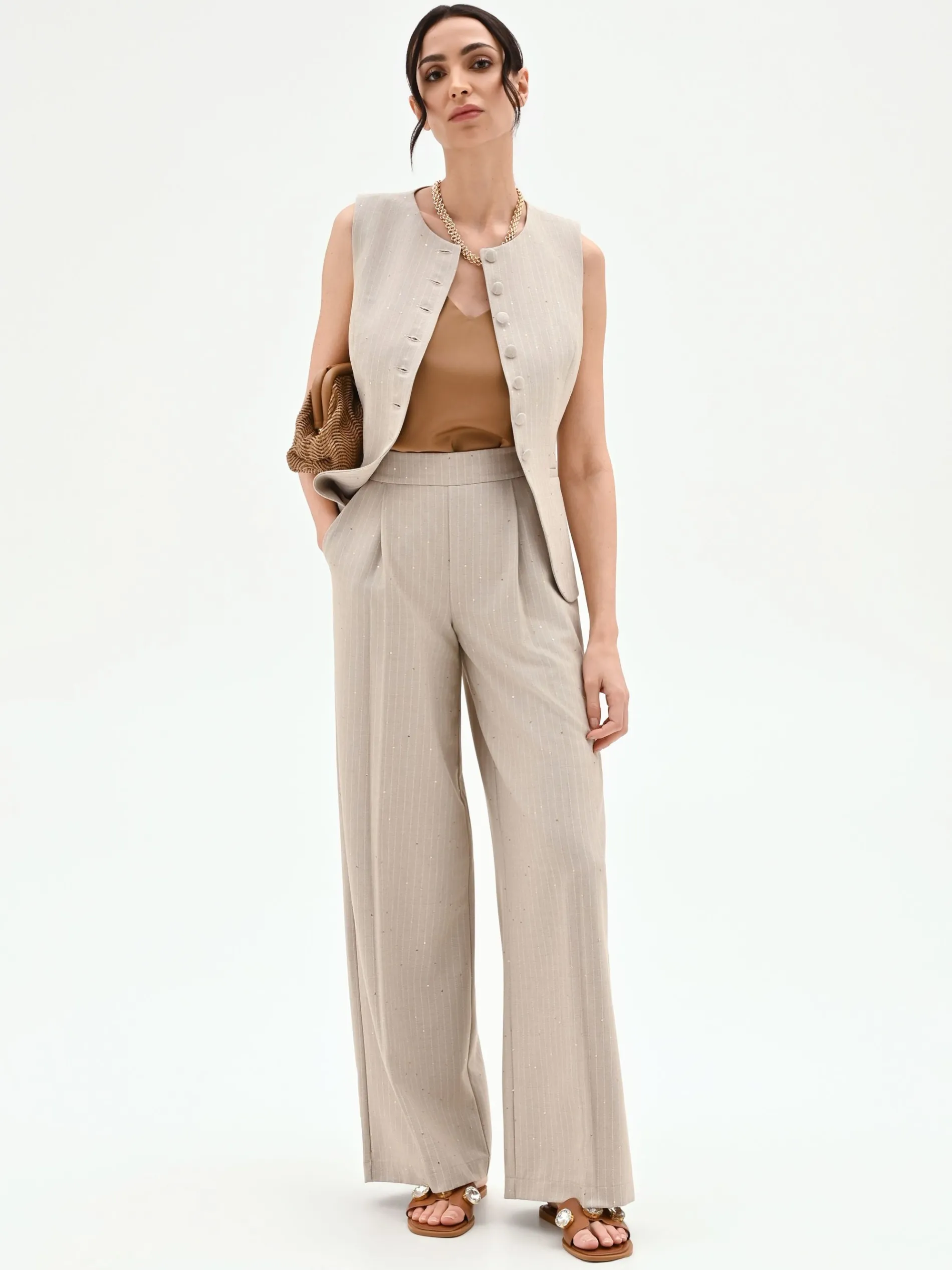 PANTALONE PALAZZO BEIGE GESSATO CON PUNTI LUCE