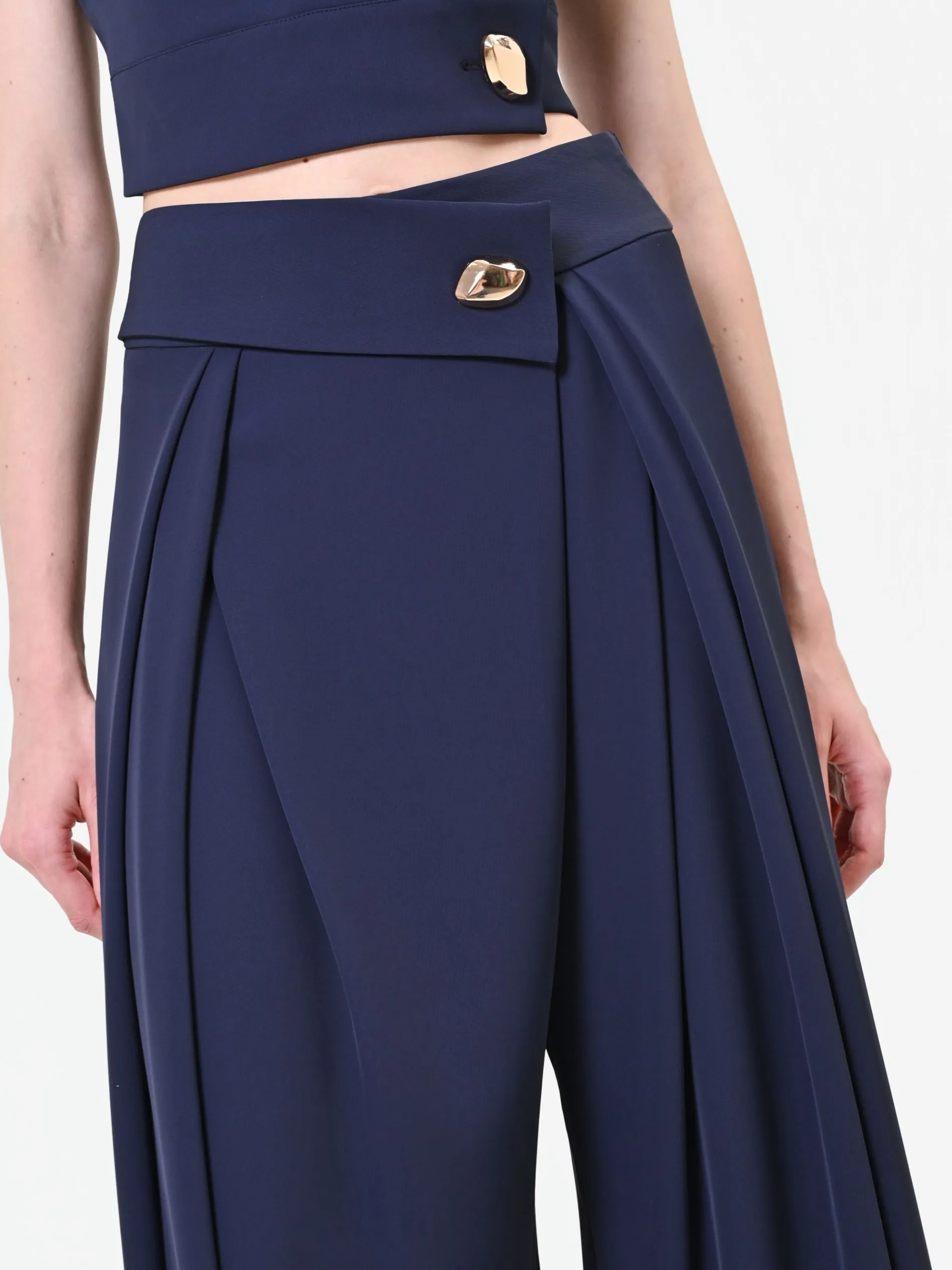 PANTALONE PALAZZO BLU NAVY CON BOTTONE DESIGN
