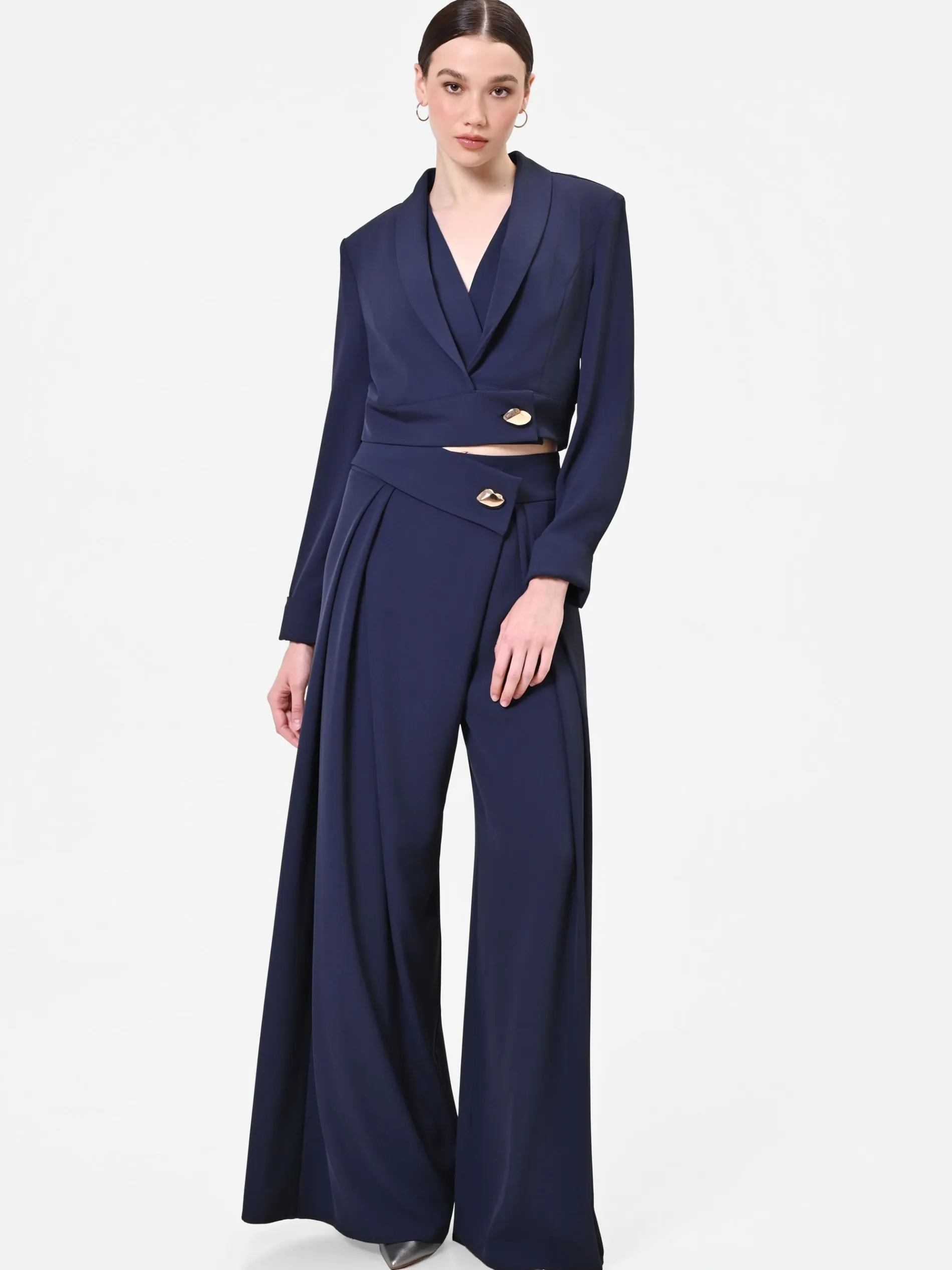 PANTALONE PALAZZO BLU NAVY CON BOTTONE DESIGN
