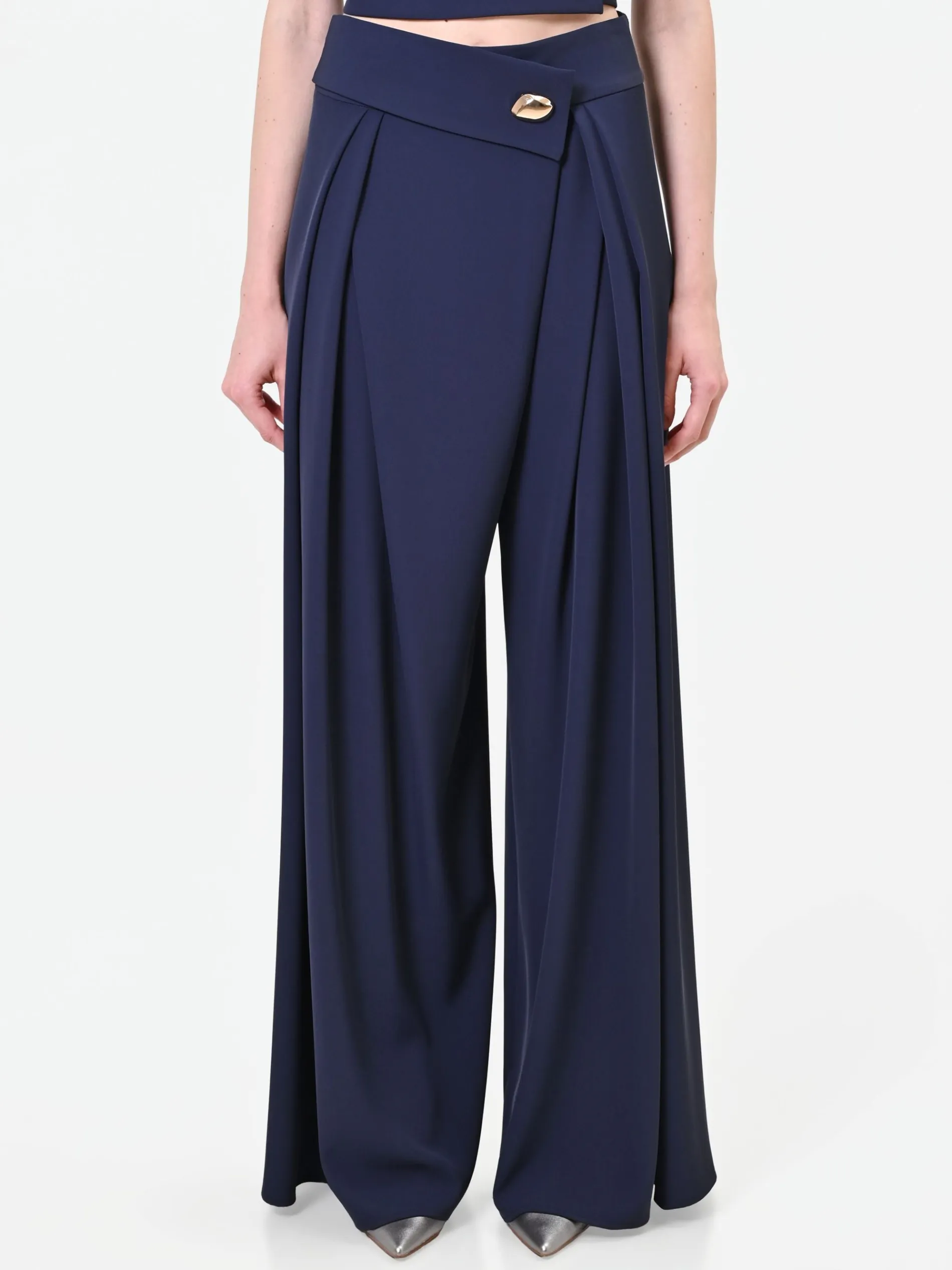PANTALONE PALAZZO BLU NAVY CON BOTTONE DESIGN