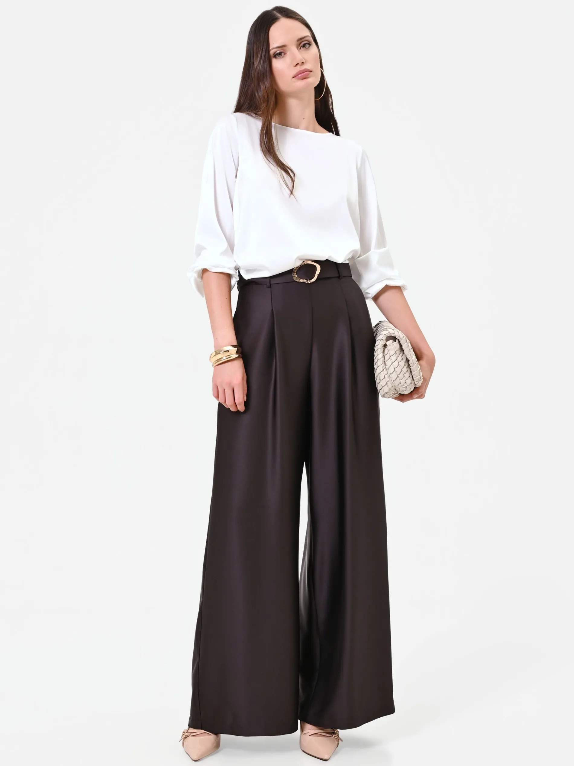 PANTALONE PALAZZO MORO MARRONE CON CINTURA