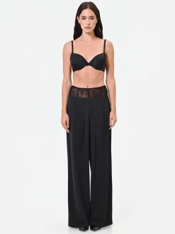 PANTALONE PALAZZO NERO CON FASCIA IN PIZZO