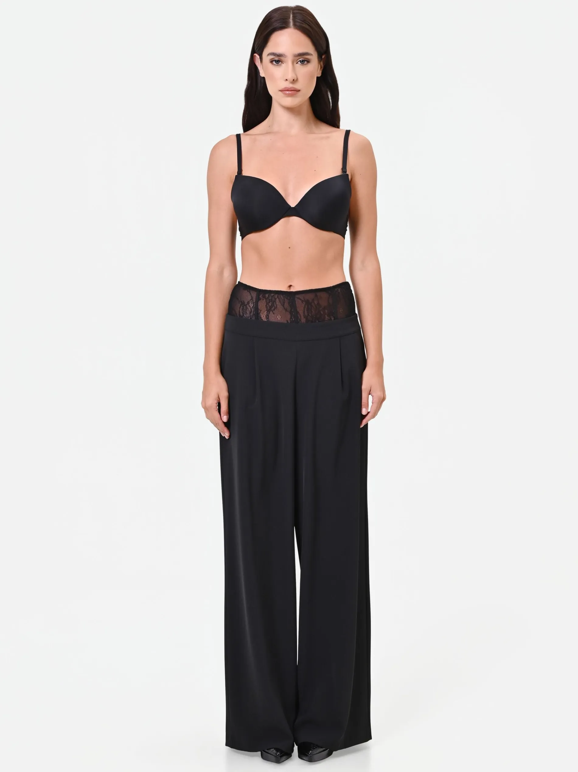 PANTALONE PALAZZO NERO CON FASCIA IN PIZZO