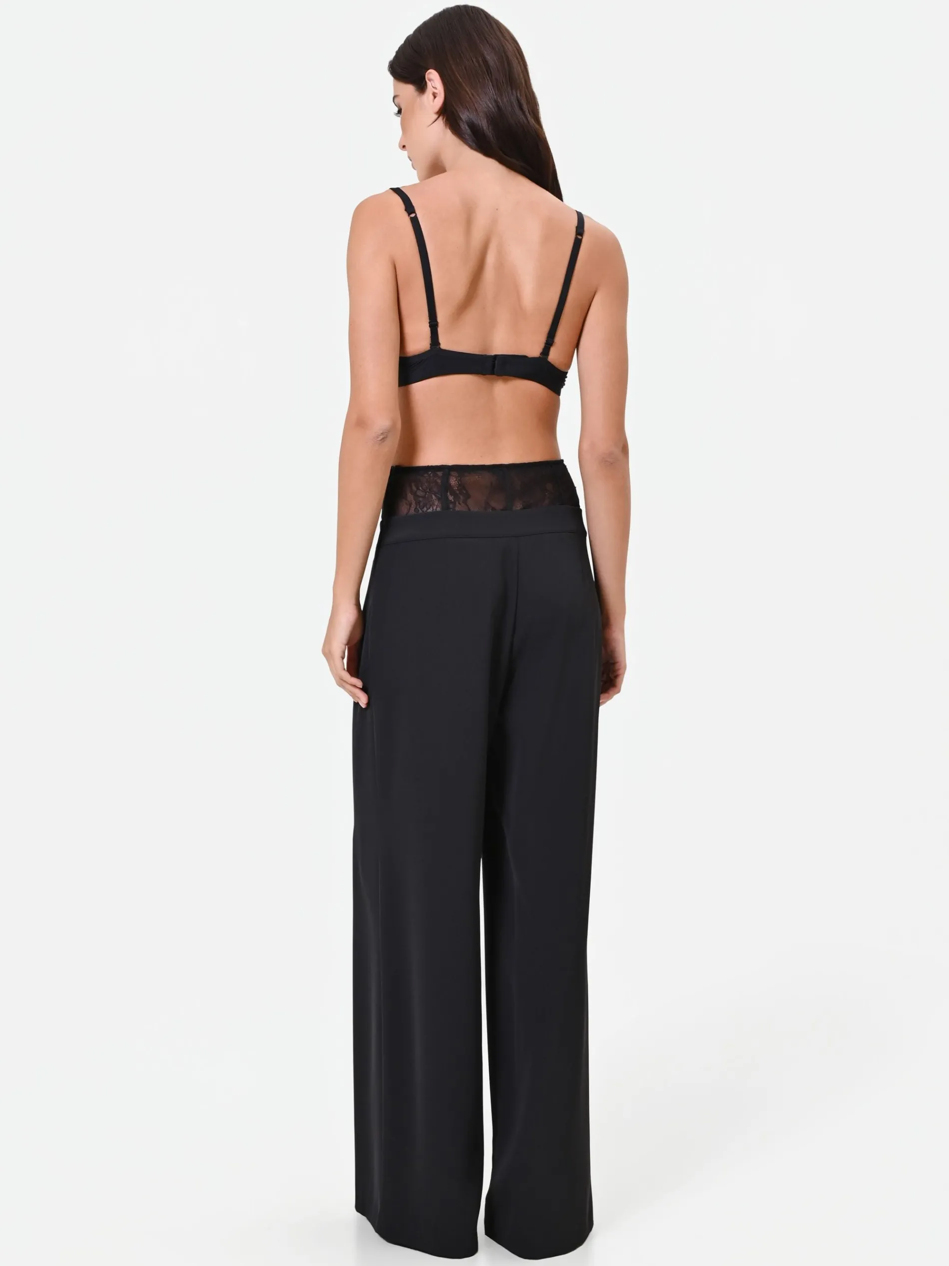 PANTALONE PALAZZO NERO CON FASCIA IN PIZZO