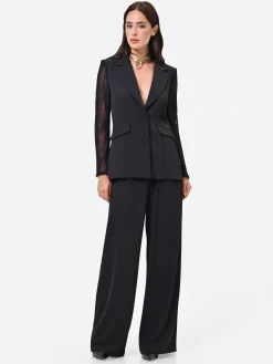 PANTALONE PALAZZO NERO CON FASCIA IN PIZZO