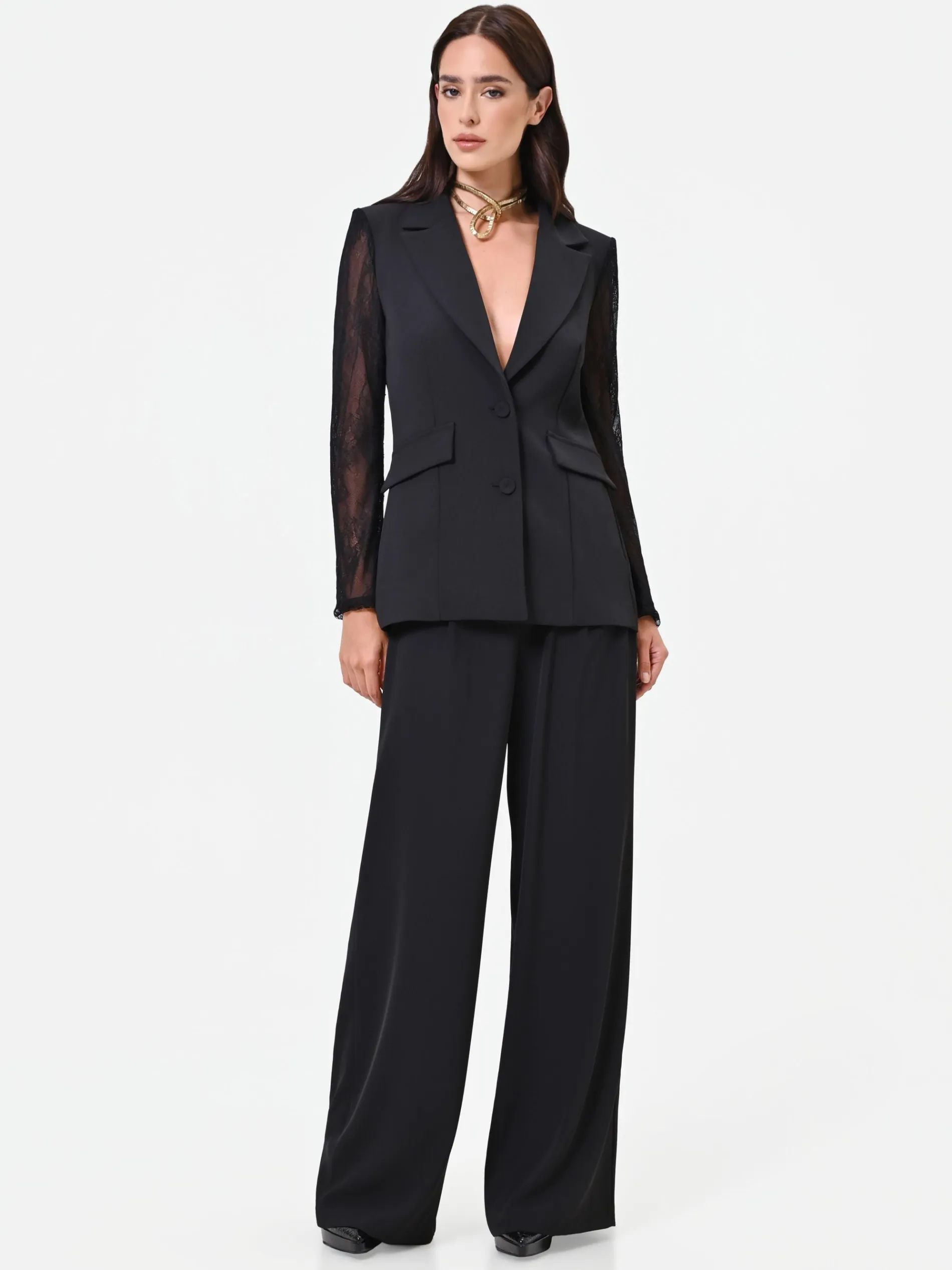 PANTALONE PALAZZO NERO CON FASCIA IN PIZZO