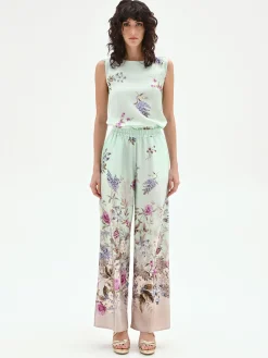 PANTALONE PALAZZO VERDE MENTA IN RASO CON STAMPA BOTANICA