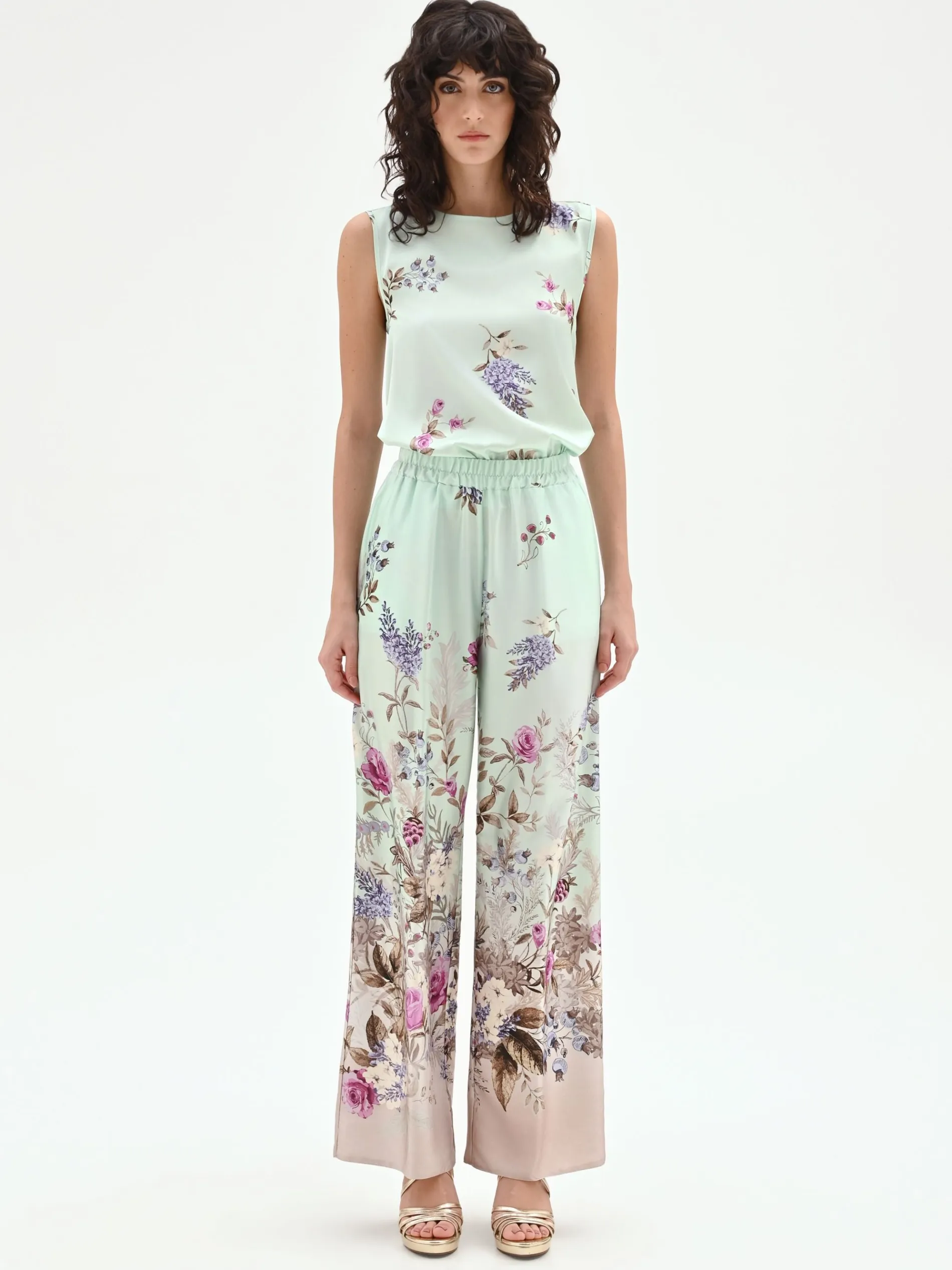 PANTALONE PALAZZO VERDE MENTA IN RASO CON STAMPA BOTANICA