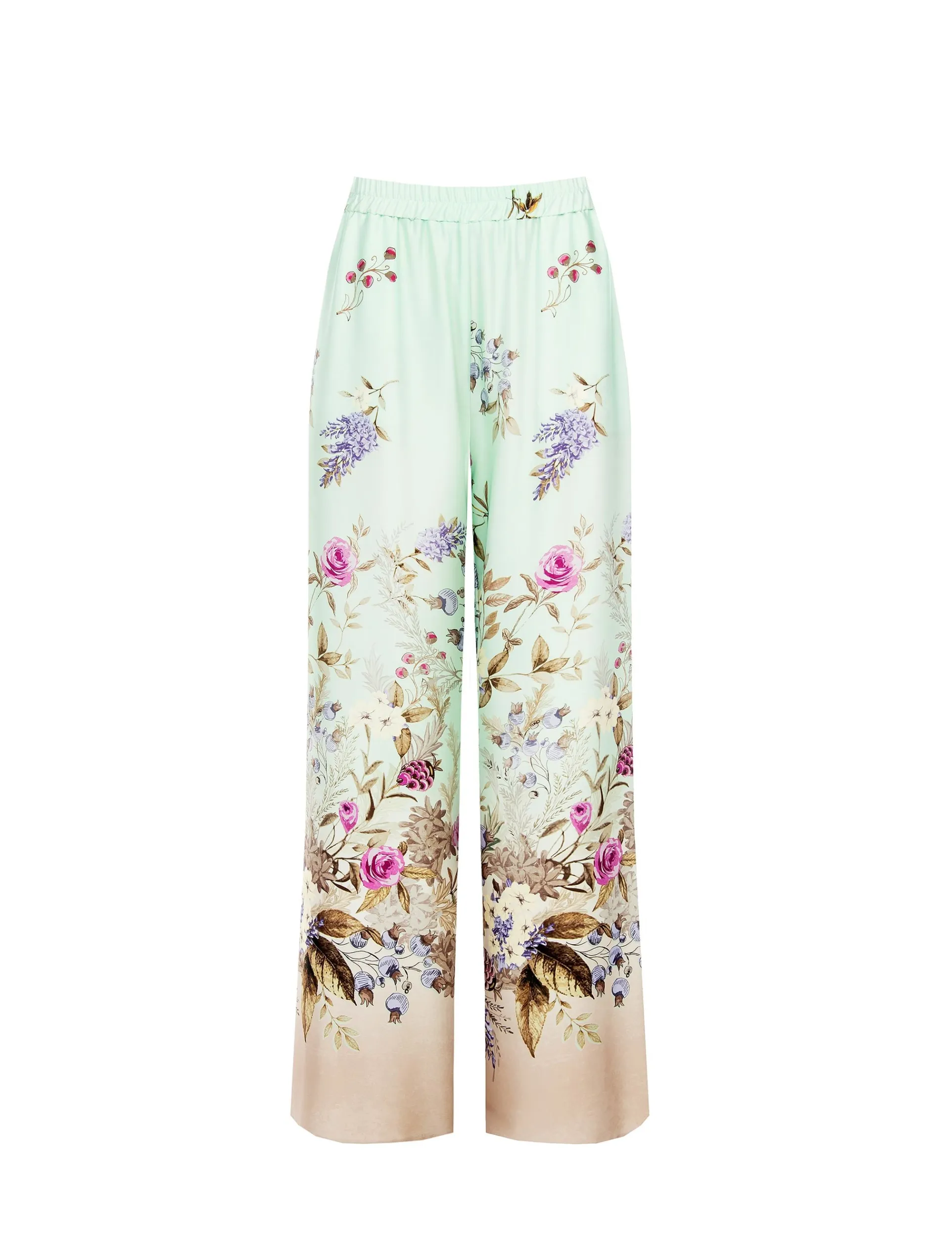 PANTALONE PALAZZO VERDE MENTA IN RASO CON STAMPA BOTANICA