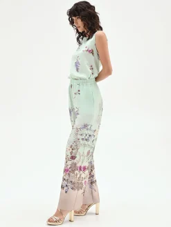 PANTALONE PALAZZO VERDE MENTA IN RASO CON STAMPA BOTANICA