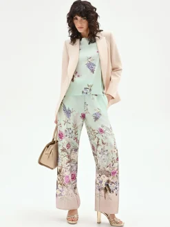 PANTALONE PALAZZO VERDE MENTA IN RASO CON STAMPA BOTANICA