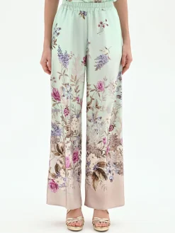 PANTALONE PALAZZO VERDE MENTA IN RASO CON STAMPA BOTANICA