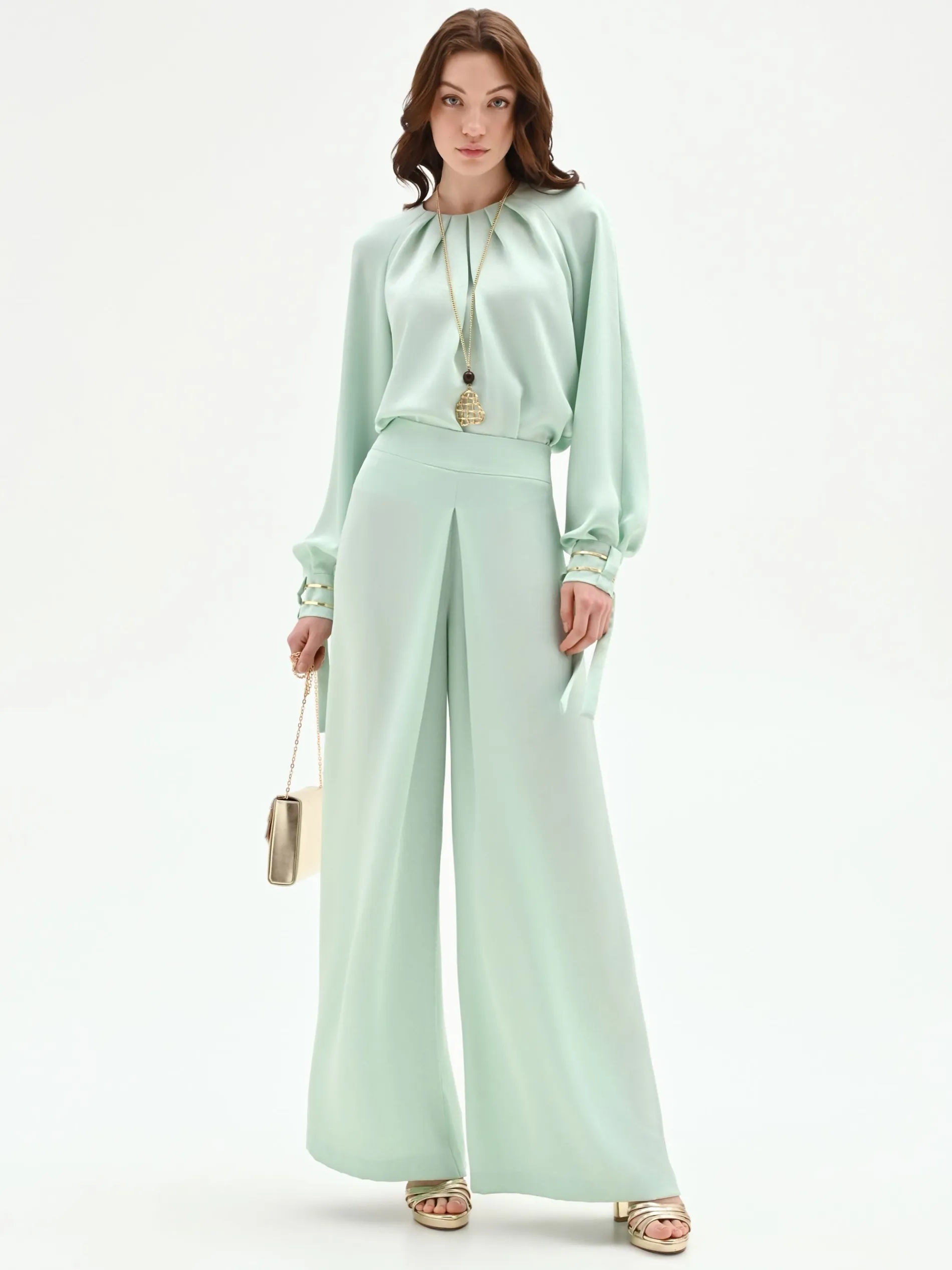 PANTALONE PALAZZO VERDE MENTA CON SPACCO FRONTALE