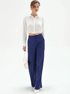 PANTALONE STUDIO A PALAZZO IN TESSUTO TECNICO BLU INDACO
