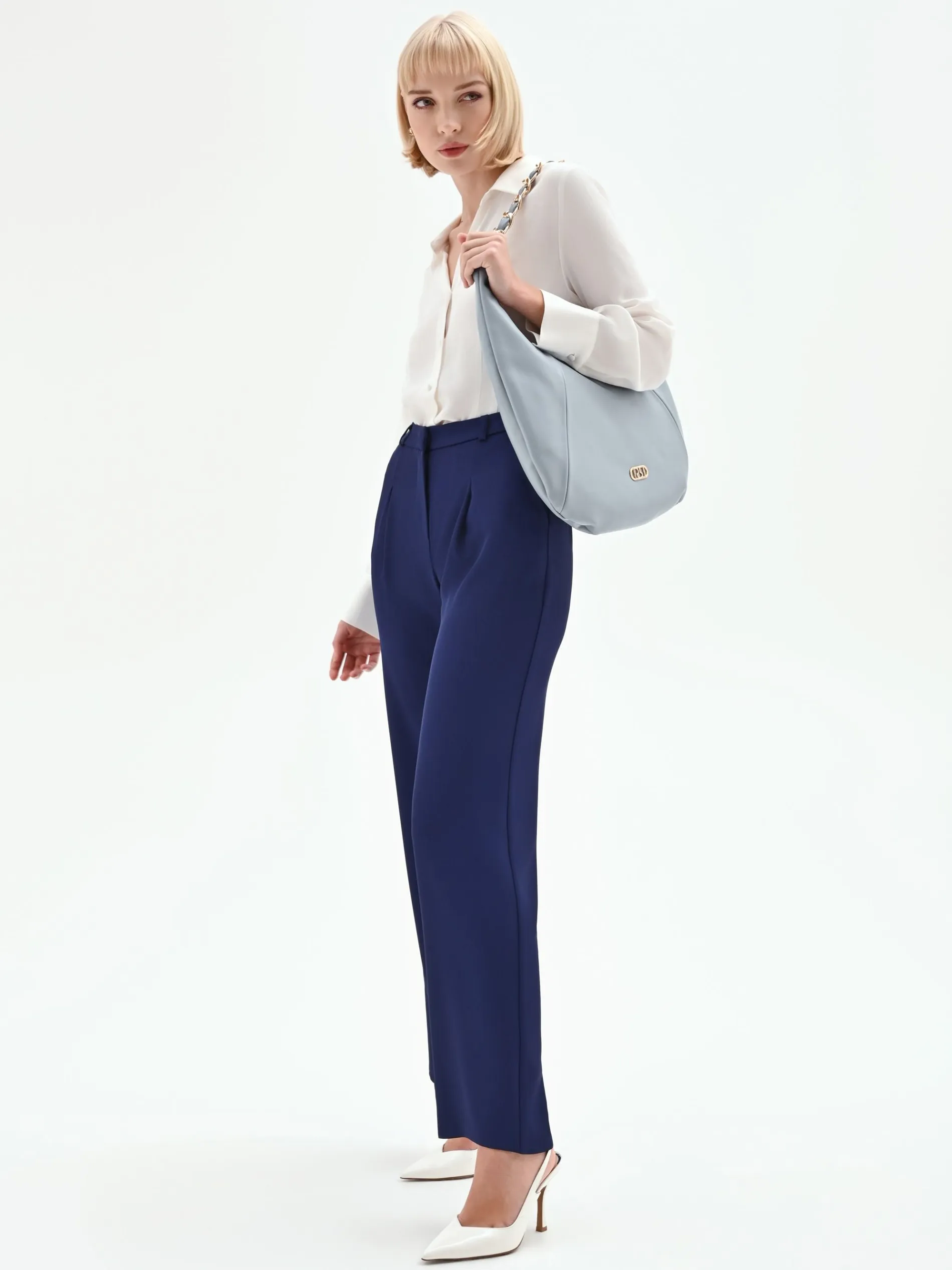 PANTALONE STUDIO CON PINCES E VITA ALTA IN CADI BLU INDACO