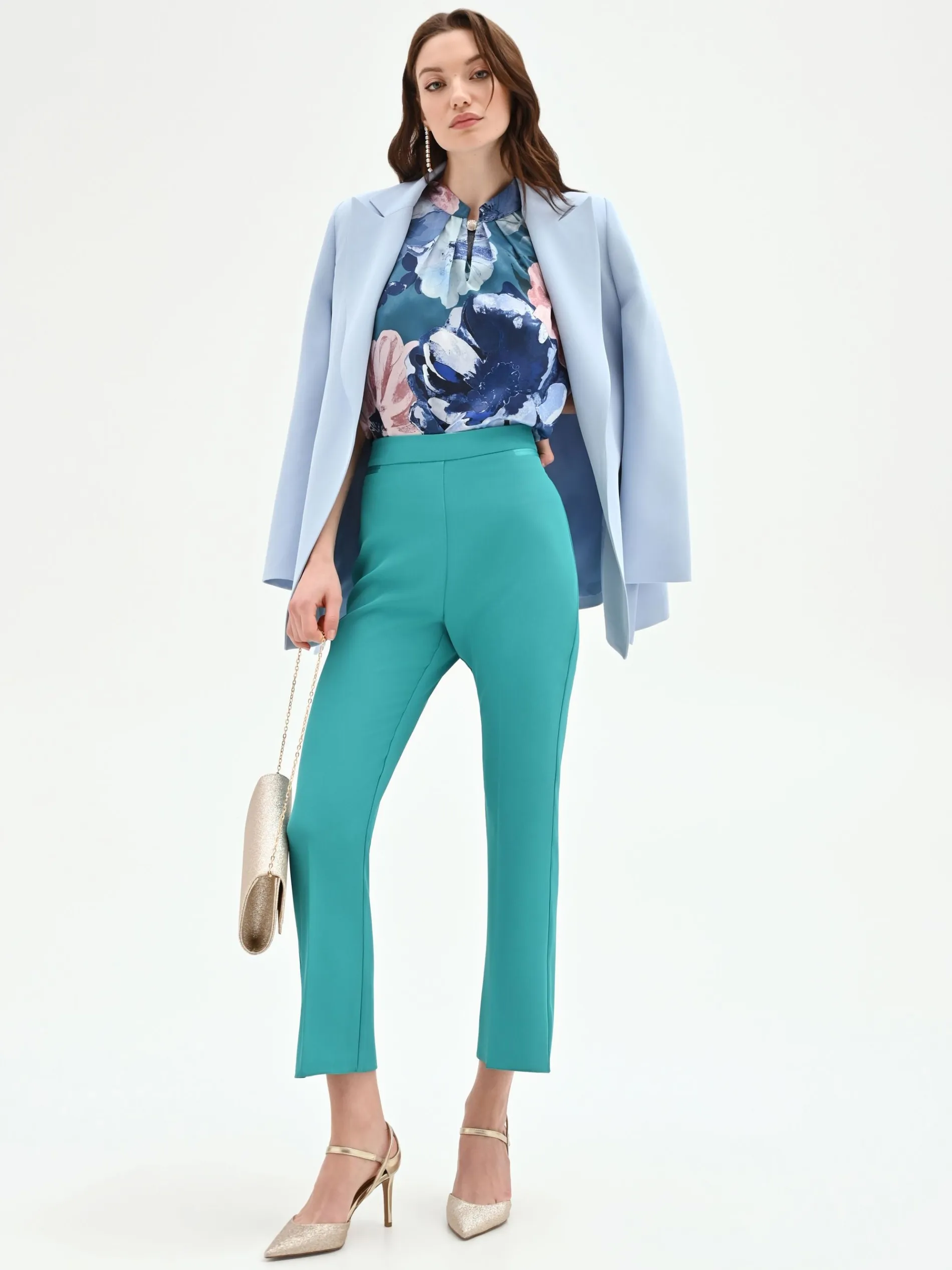 PANTALONE TURCHESE SLIM AZZURRO A VITA ALTA