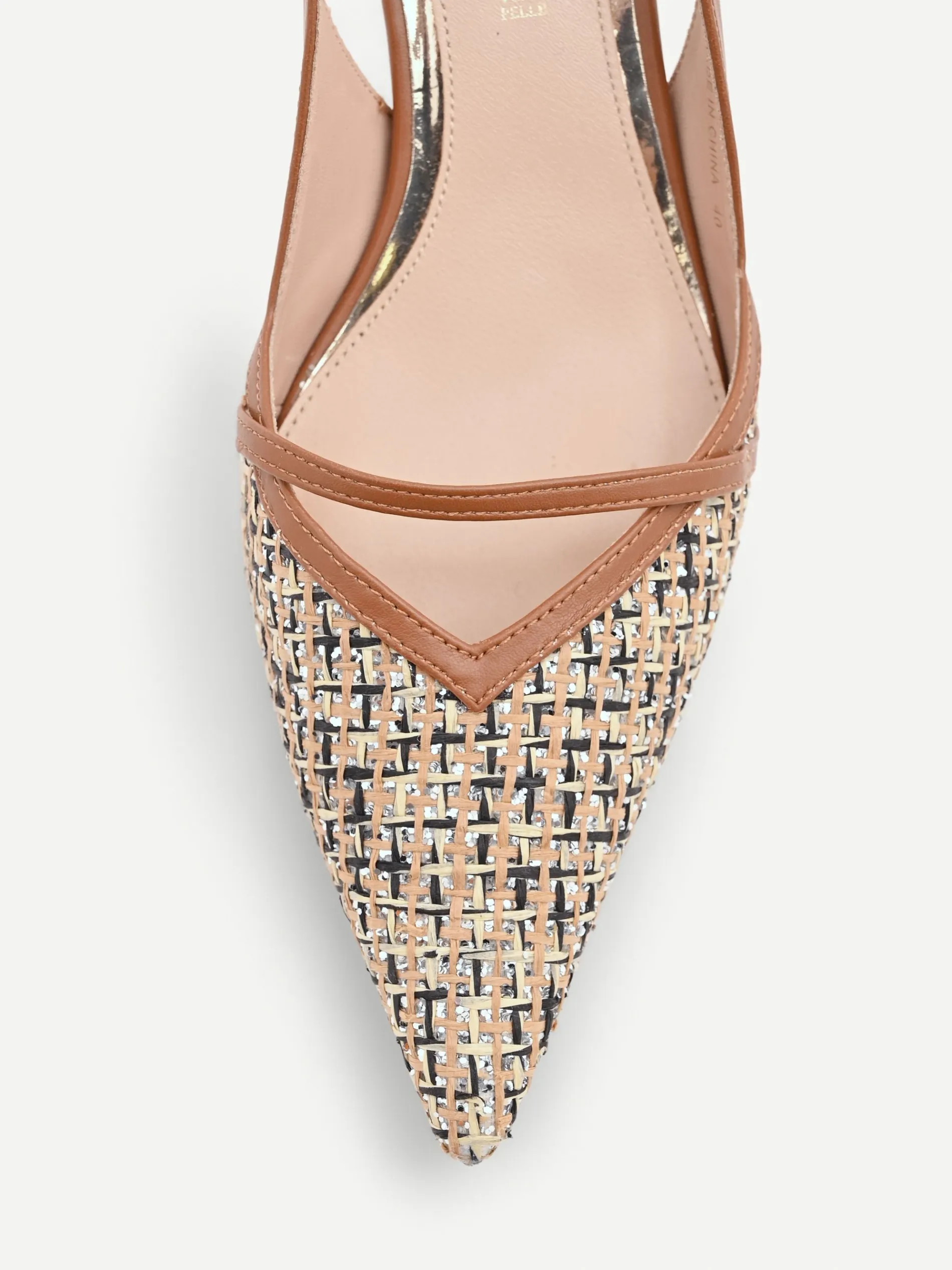 SLINGBACK MARRONE CUOIO CON INTRECCIO E PAILLETTES