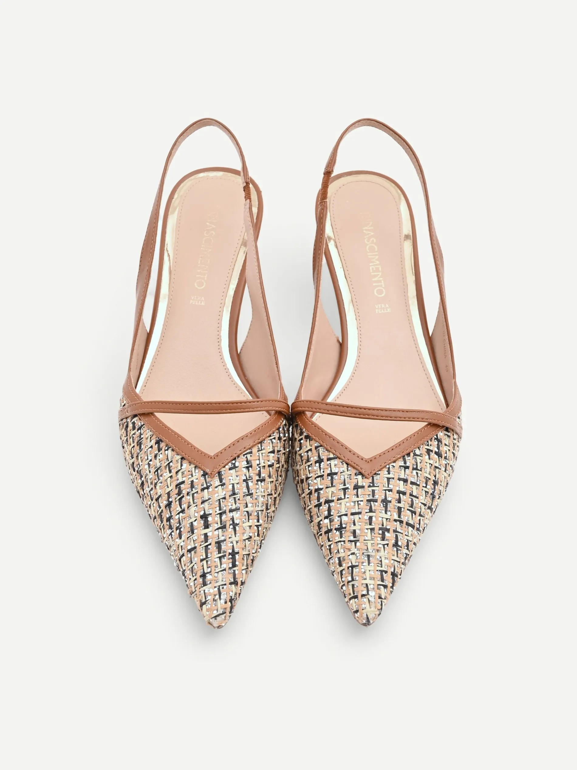 SLINGBACK MARRONE CUOIO CON INTRECCIO E PAILLETTES