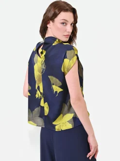 TOP BLU NAVY CON COLLO DRAPPEGGIATO E STAMPA FLOREALE