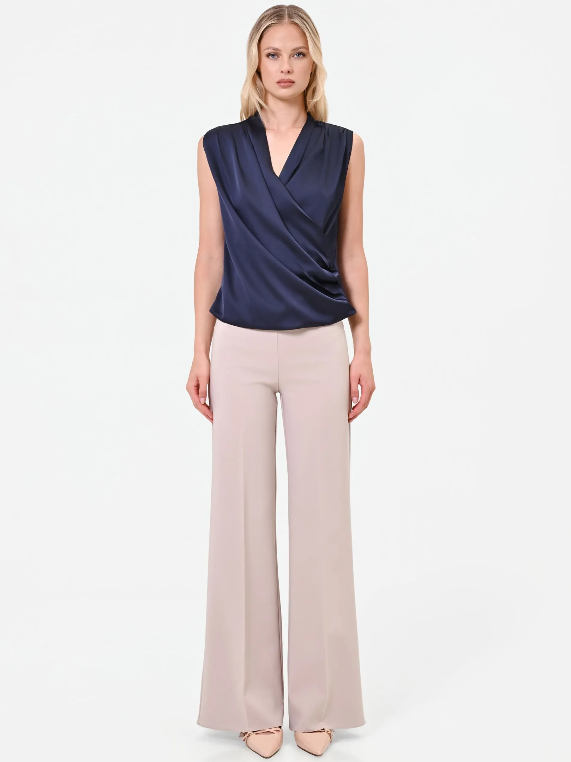 TOP IN RASO BLU NAVY CON SCOLLO INCROCIATO