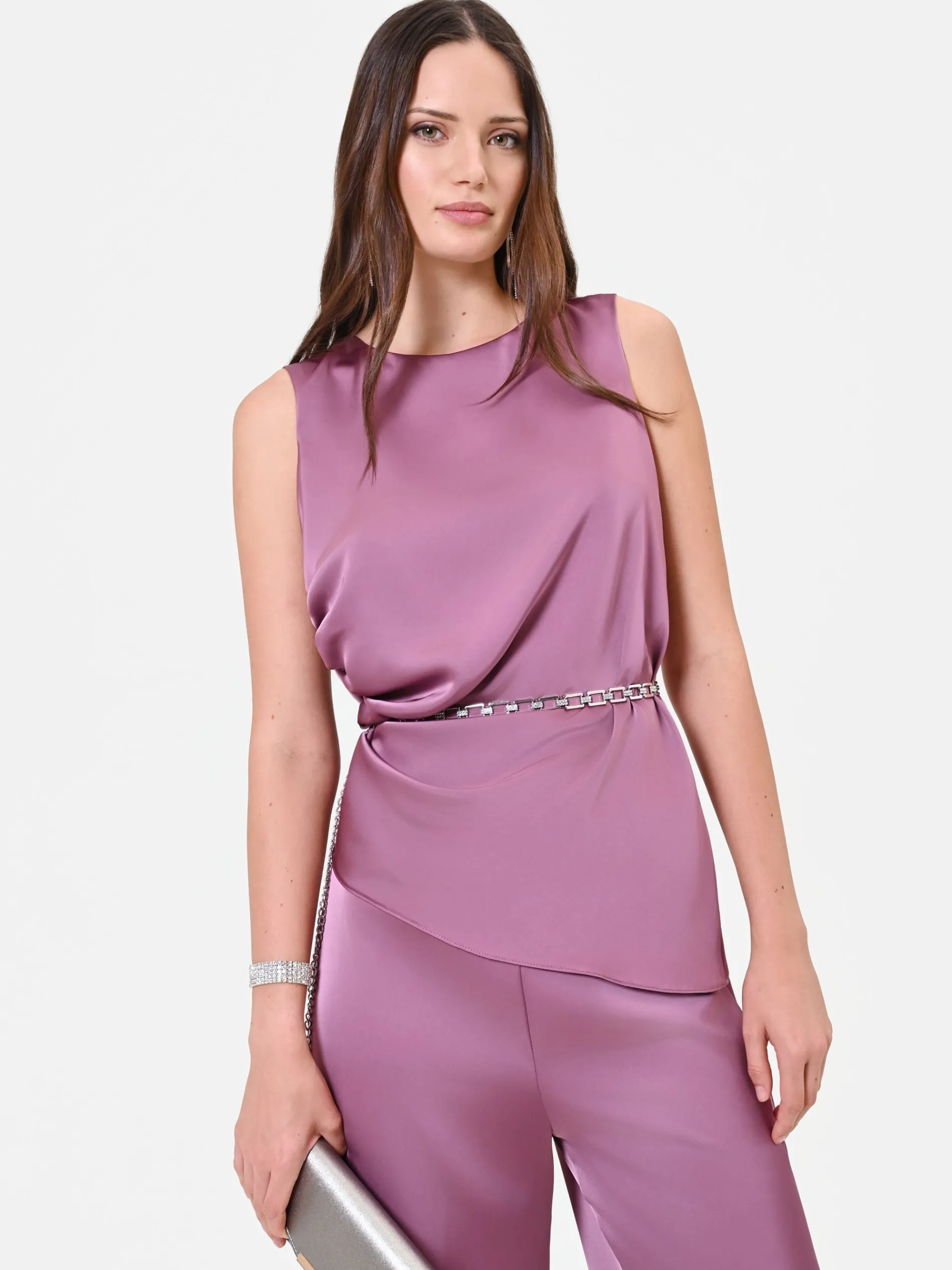 TOP IN RASO ROSA ANTICO CON DRAPPEGGIO LATERALE