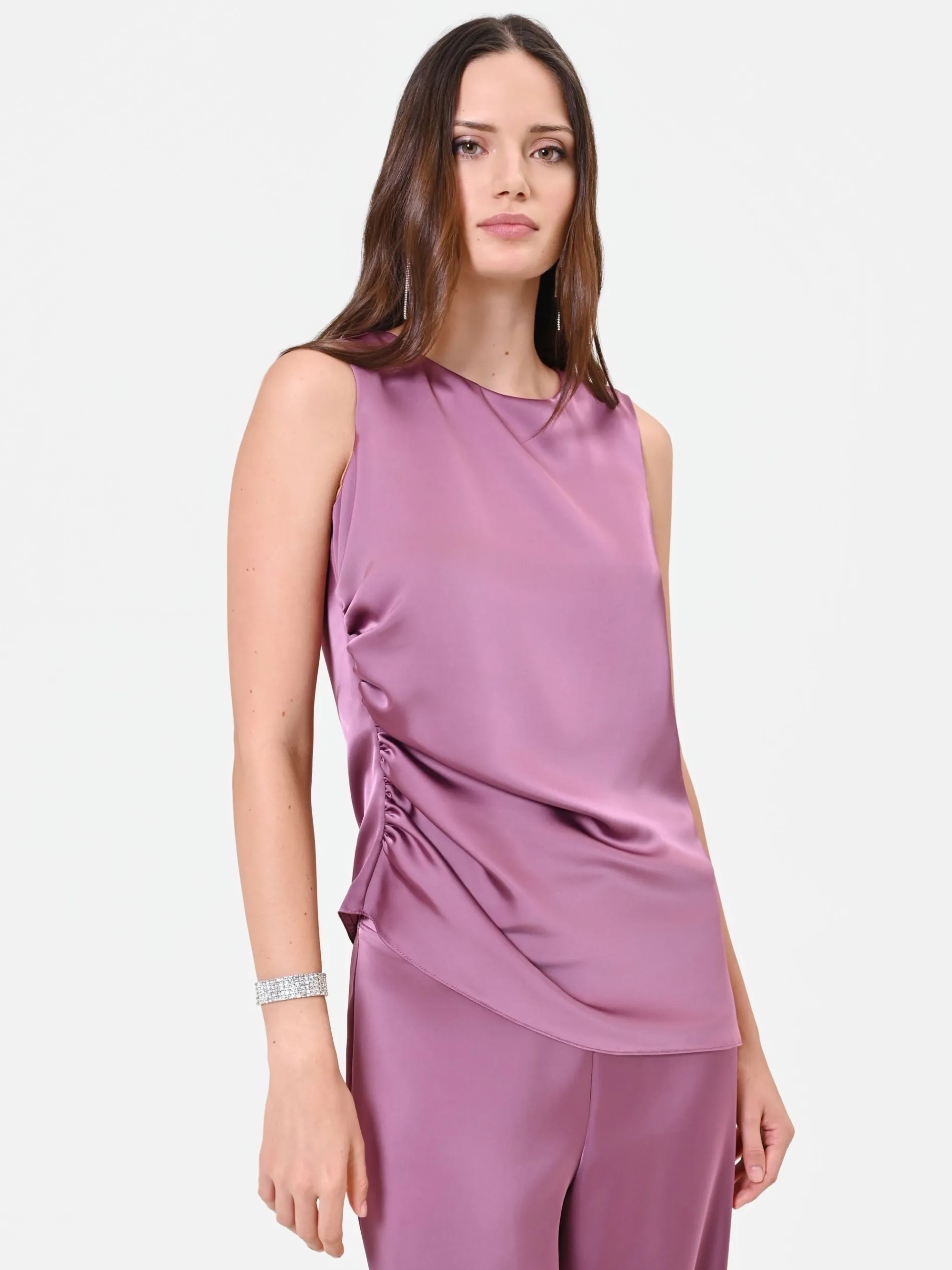 TOP IN RASO ROSA ANTICO CON DRAPPEGGIO LATERALE