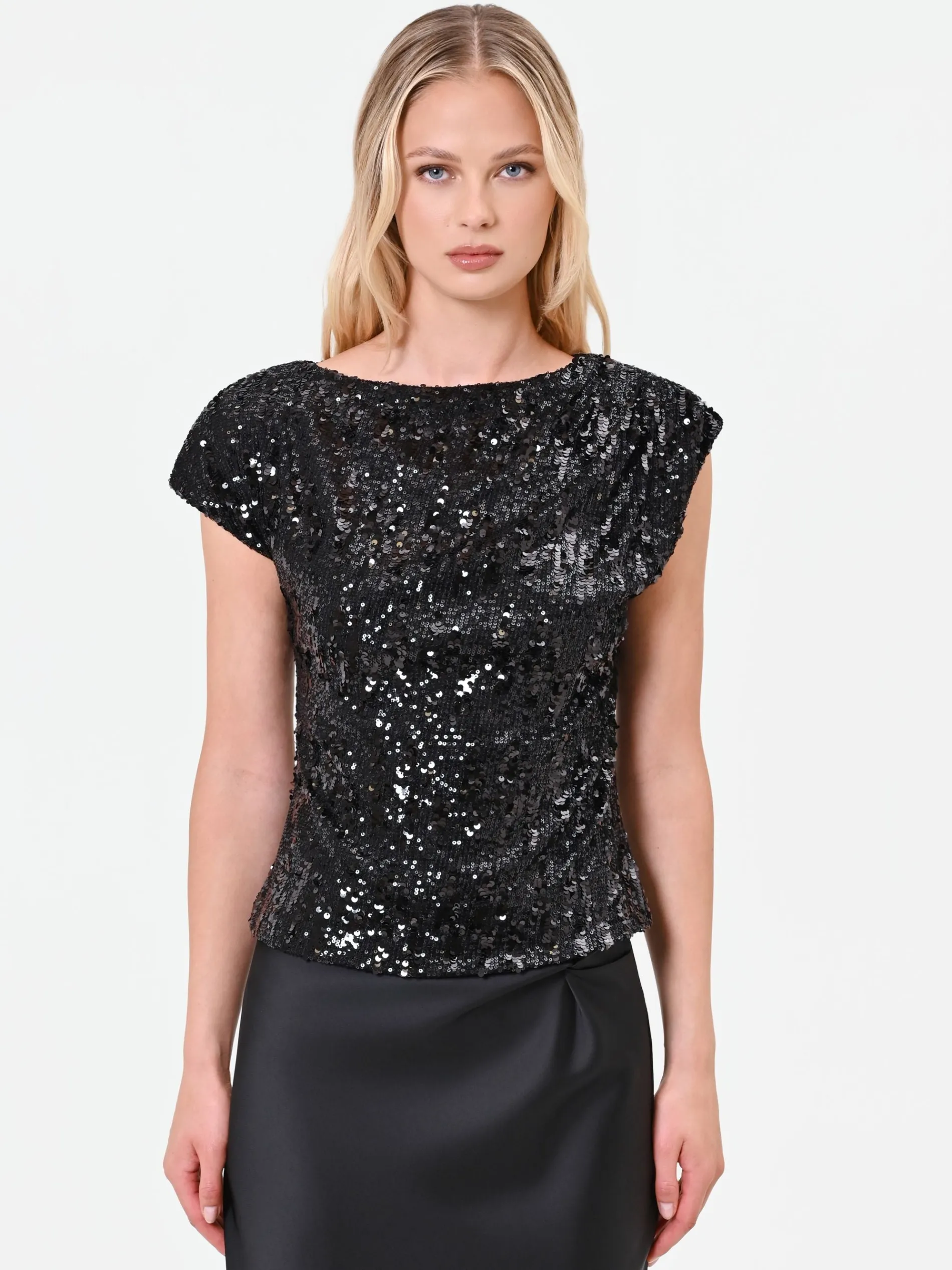 TOP NERO IN PAILLETTES CON FONDO SFALSATO