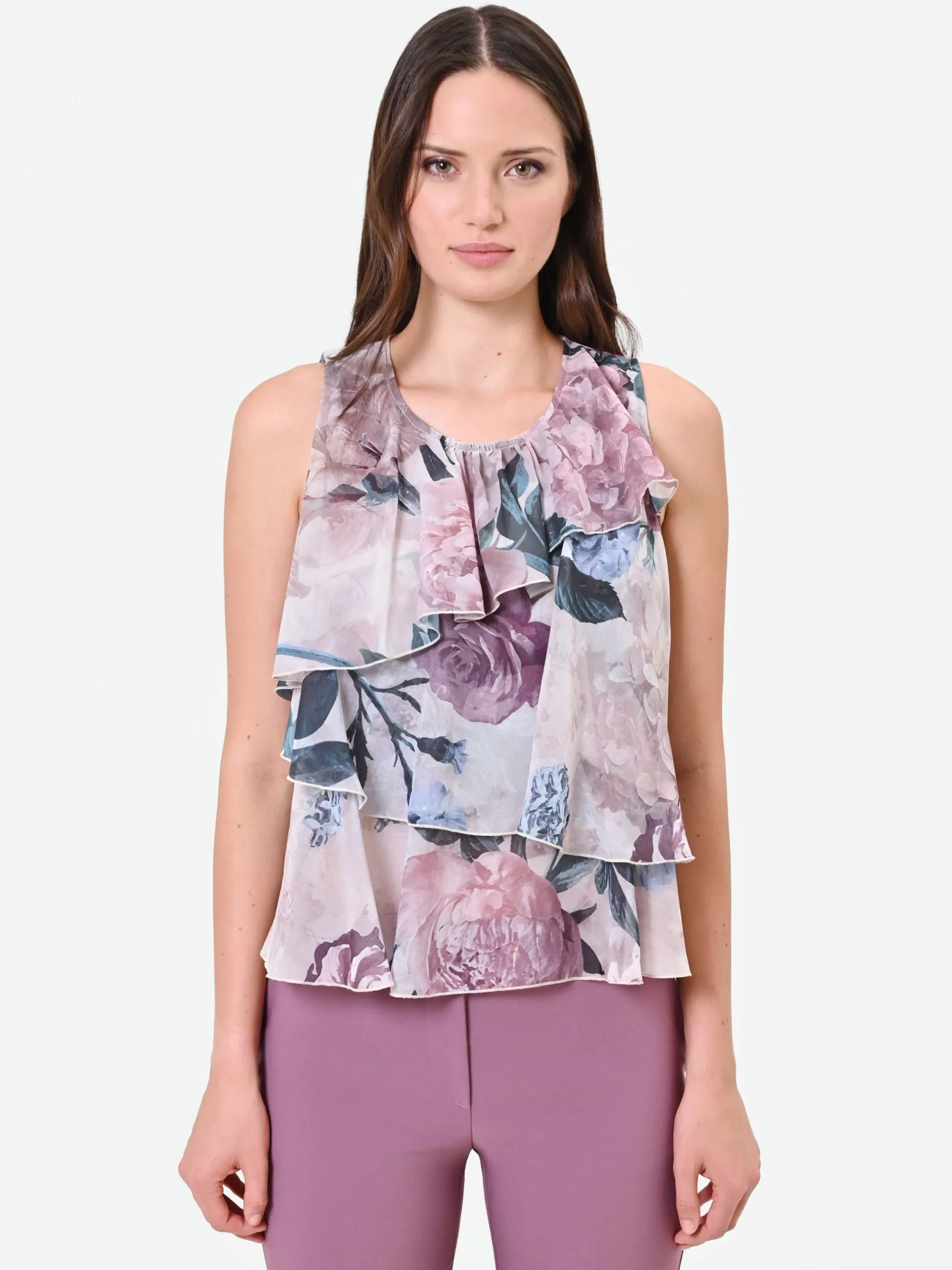 TOP ROSA ANTICO CON BALZE E STAMPA FLOREALE