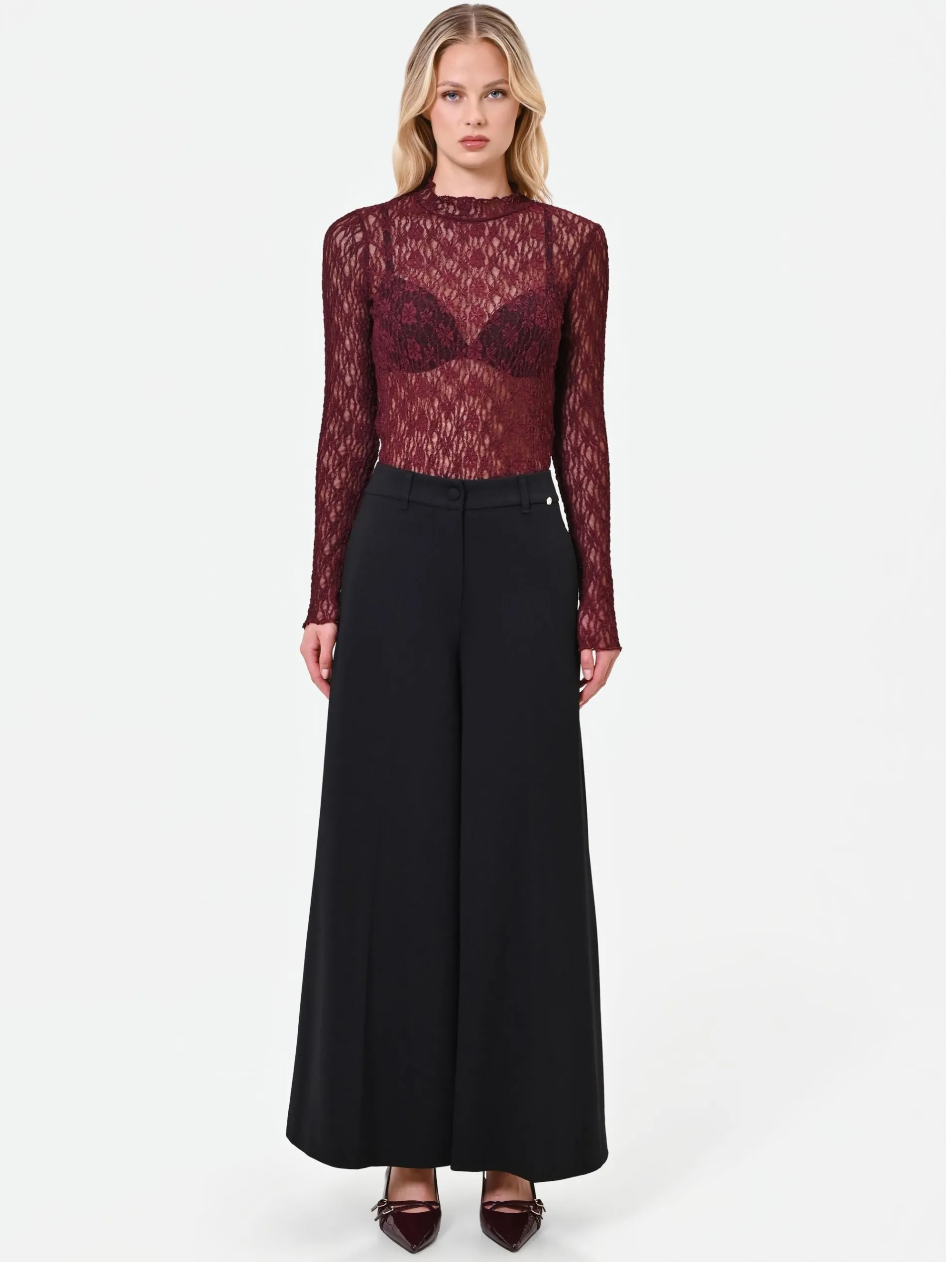 T-SHIRT IN PIZZO BORDEAUX ROSSO