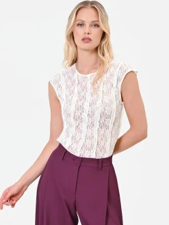 T-SHIRT IN PIZZO PANNA BIANCO CON DETTAGLI PLISSÉ