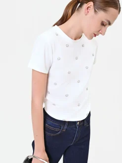 T-SHIRT PANNA CON APPLICAZIONI GIOIELLO